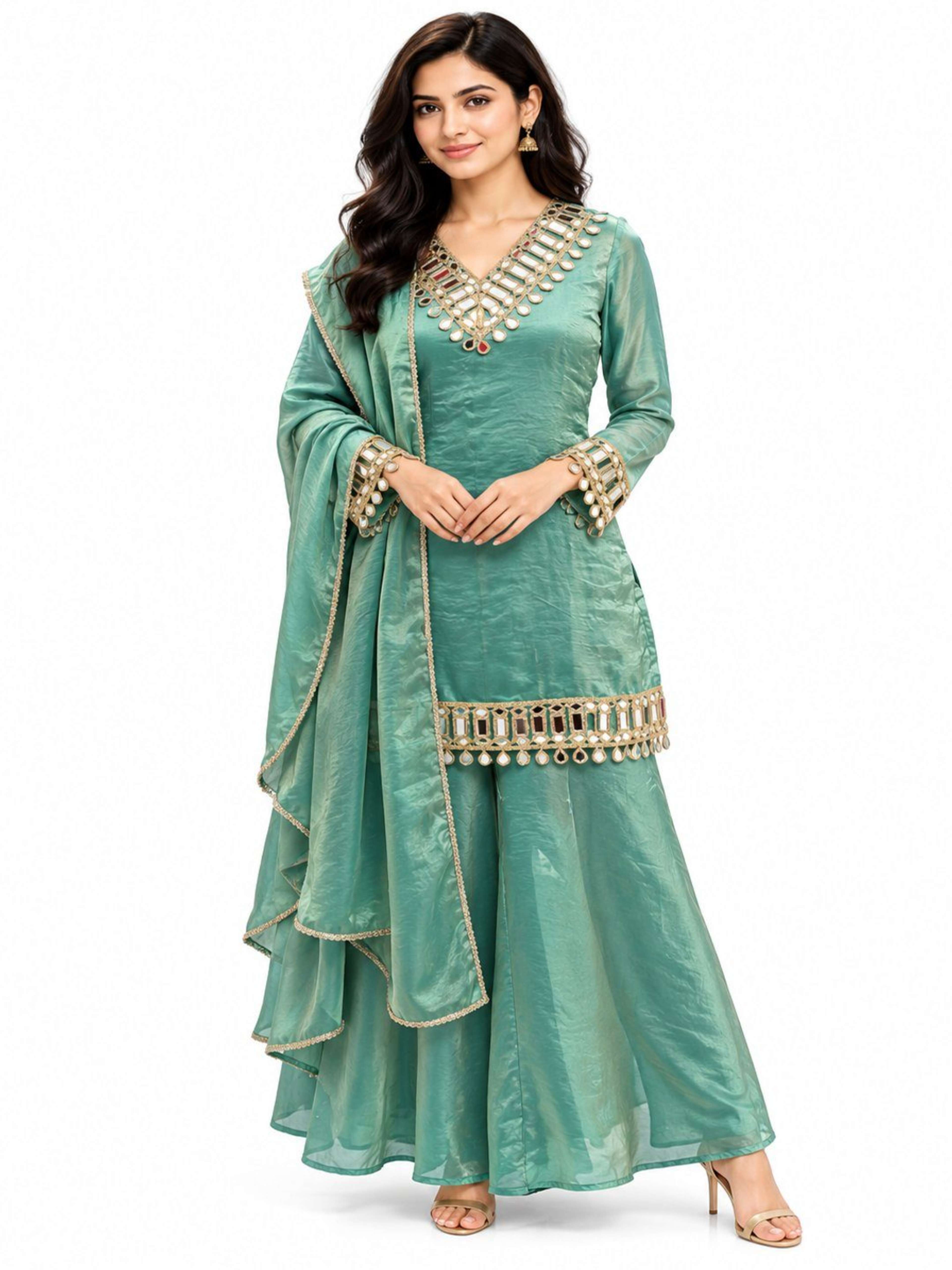 Green Mirror Work Kurta Sharara Set with Dupatta | Straight Kurta with V Neck & Bell Sleeves 1