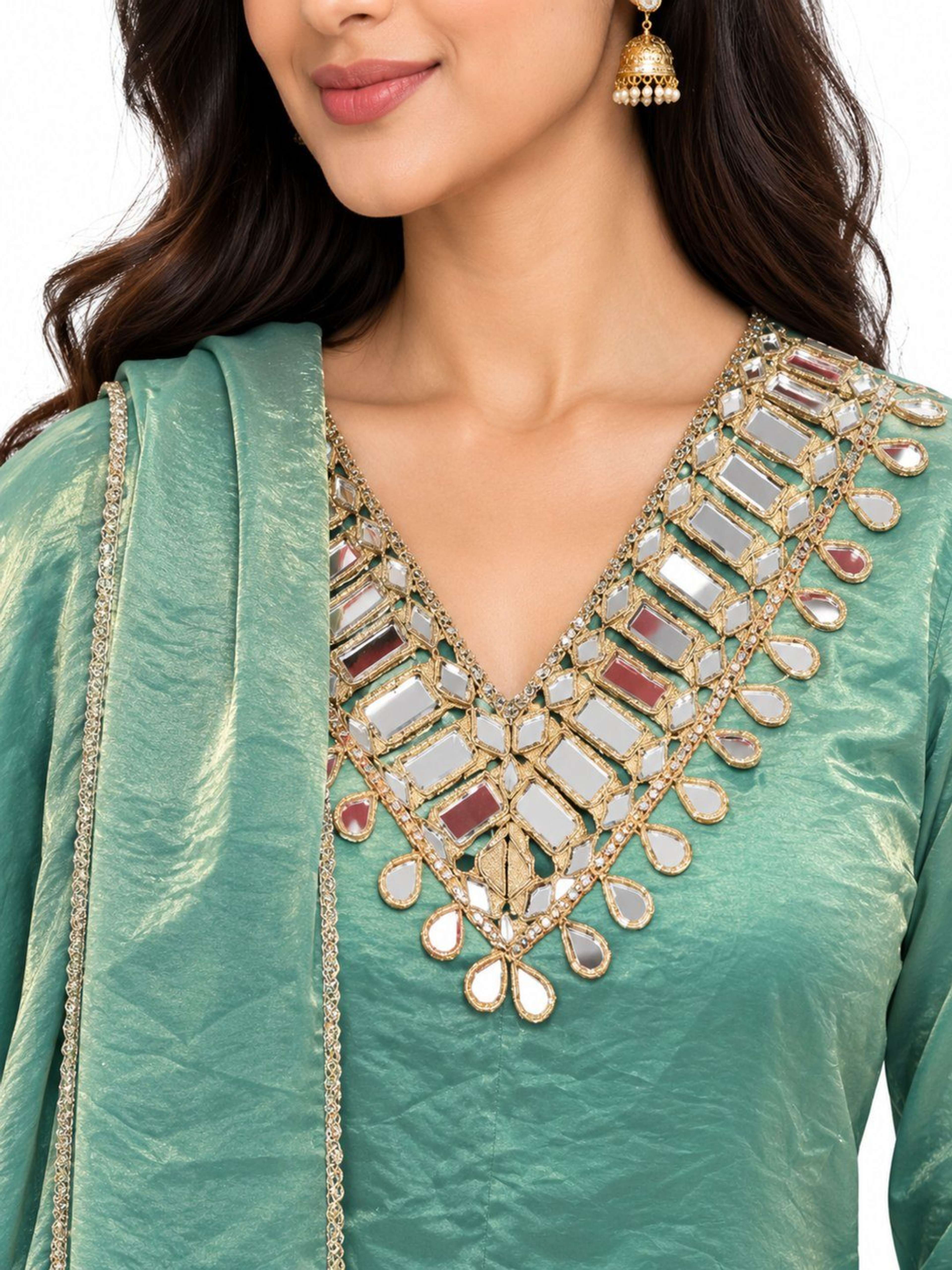 Green Mirror Work Kurta Sharara Set with Dupatta | Straight Kurta with V Neck & Bell Sleeves 5