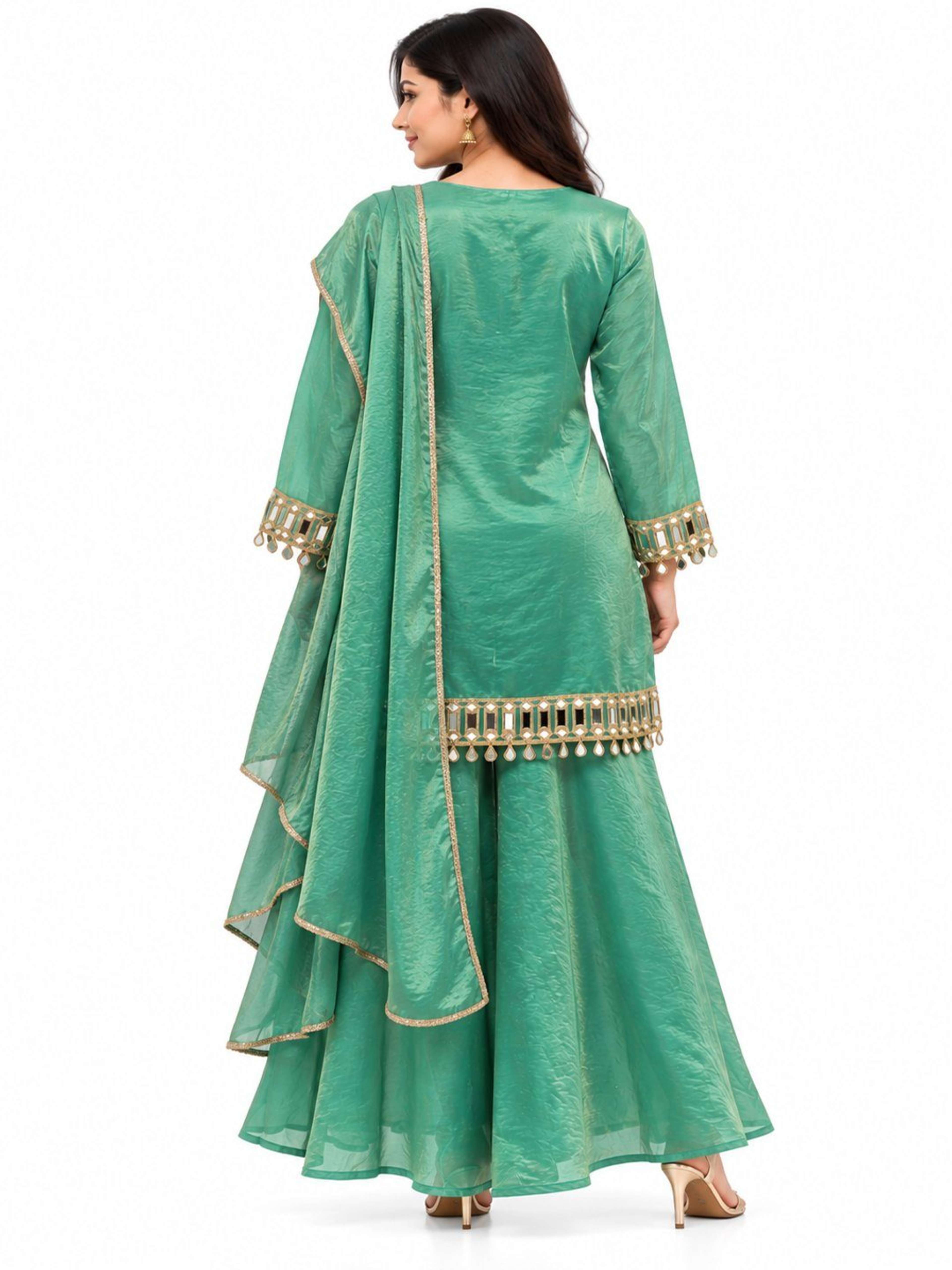 Green Mirror Work Kurta Sharara Set with Dupatta | Straight Kurta with V Neck & Bell Sleeves 6