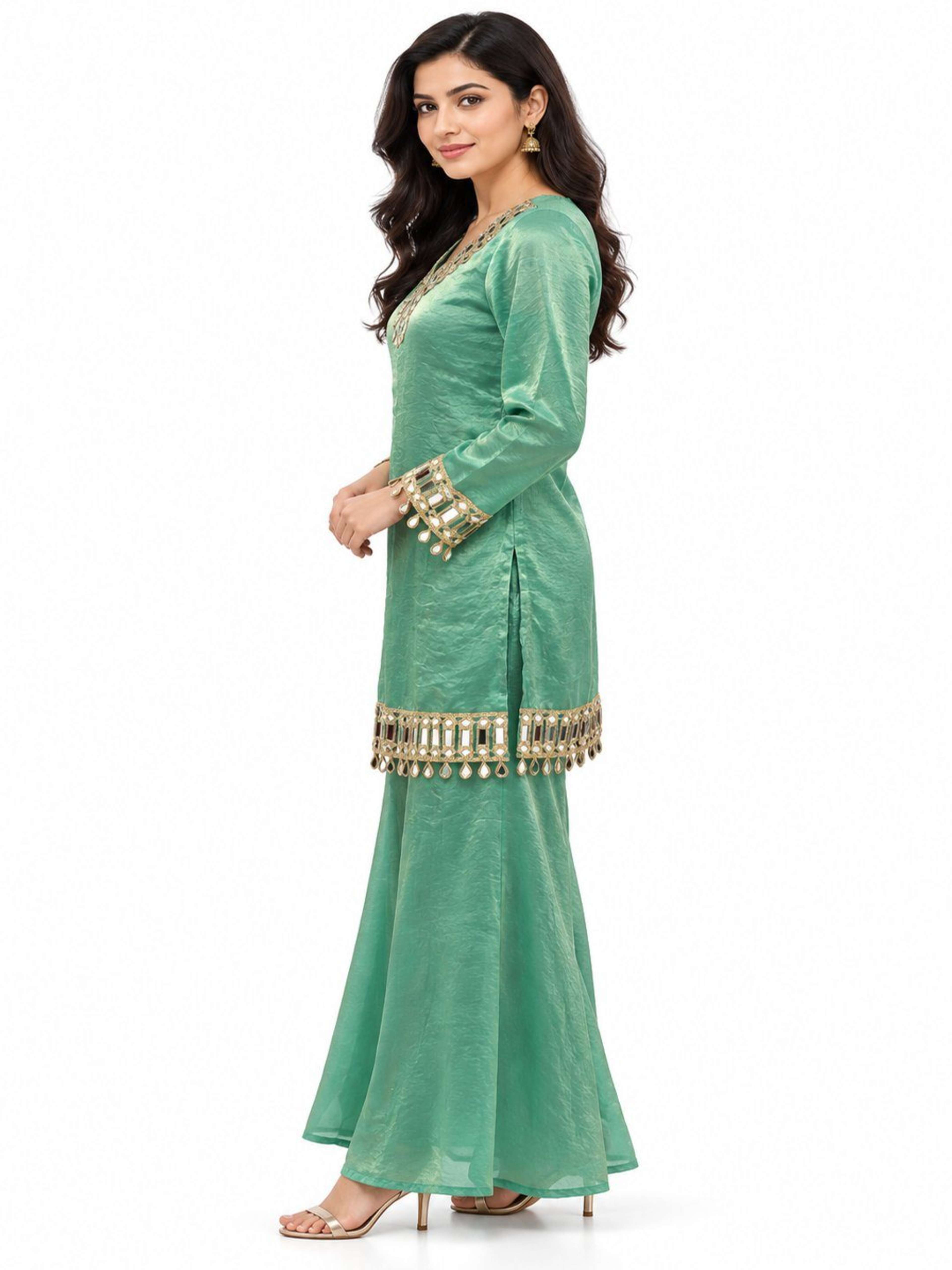 Green Mirror Work Kurta Sharara Set with Dupatta | Straight Kurta with V Neck & Bell Sleeves 2