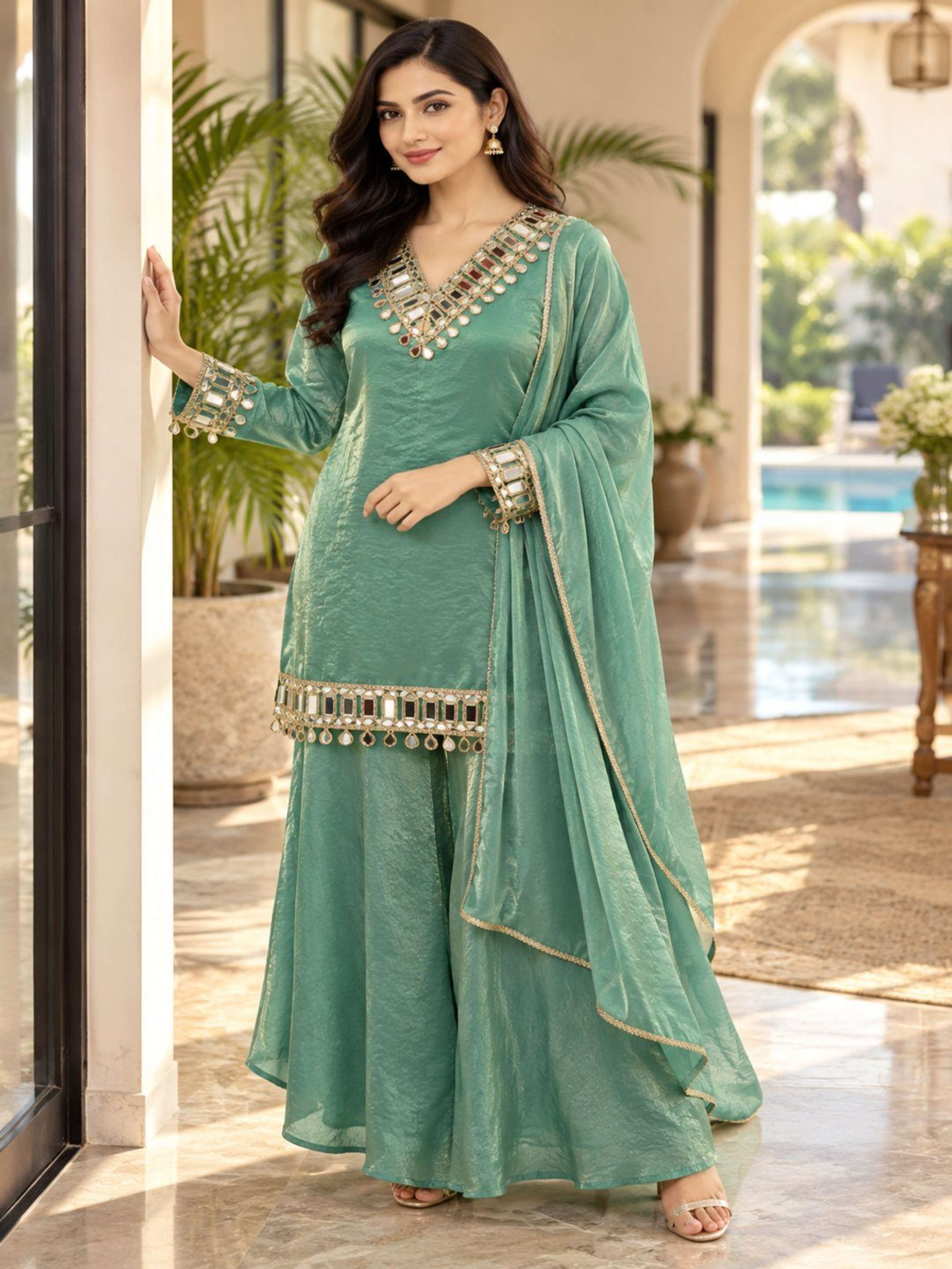 Green Mirror Work Kurta Sharara Set with Dupatta | Straight Kurta with V Neck & Bell Sleeves 3
