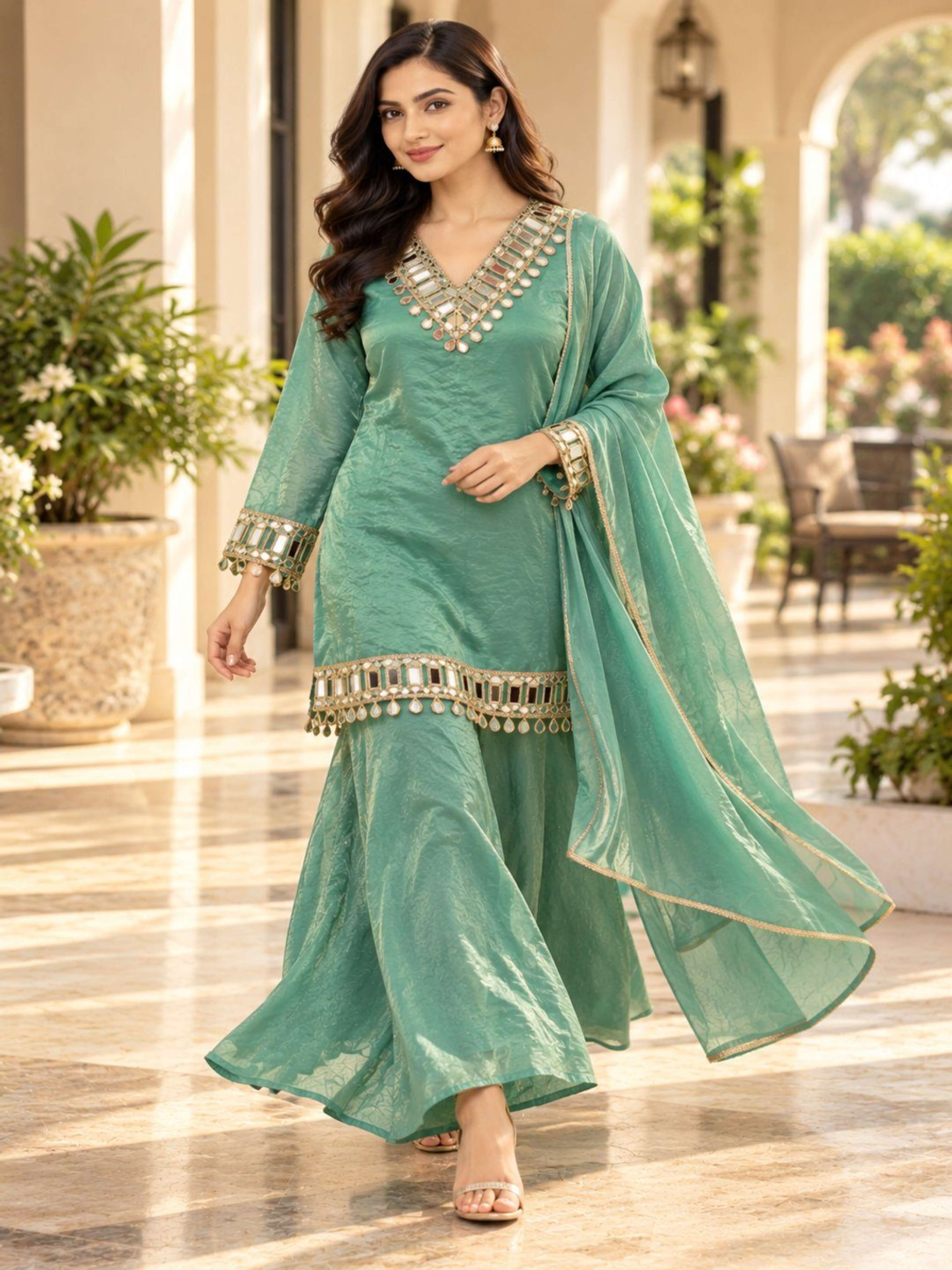 Green Mirror Work Kurta Sharara Set with Dupatta | Straight Kurta with V Neck & Bell Sleeves 4