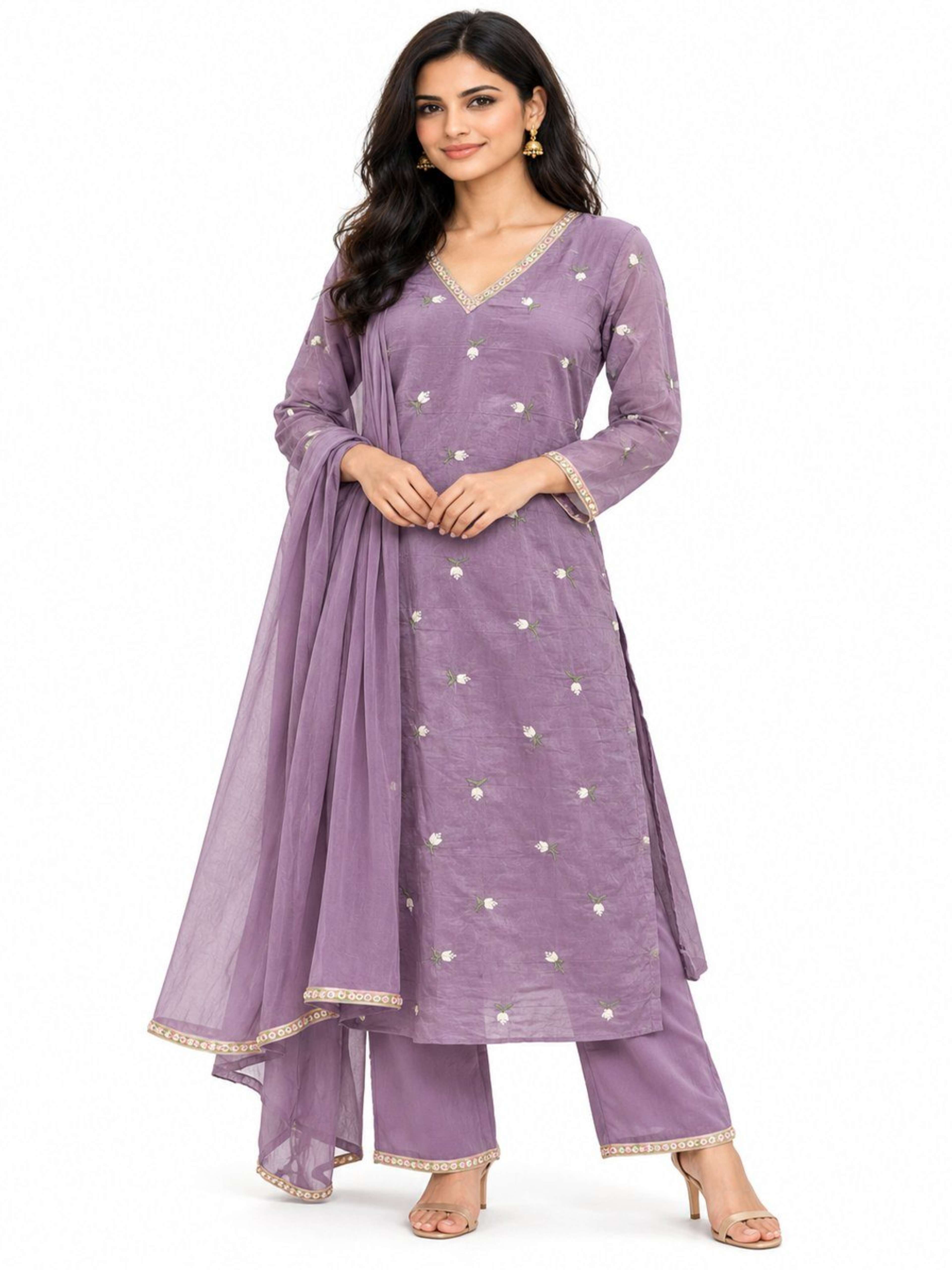 Lavender Embrodiered Kurta Pant Set | Kurta with V Neck & 3/4th Sleeve 1