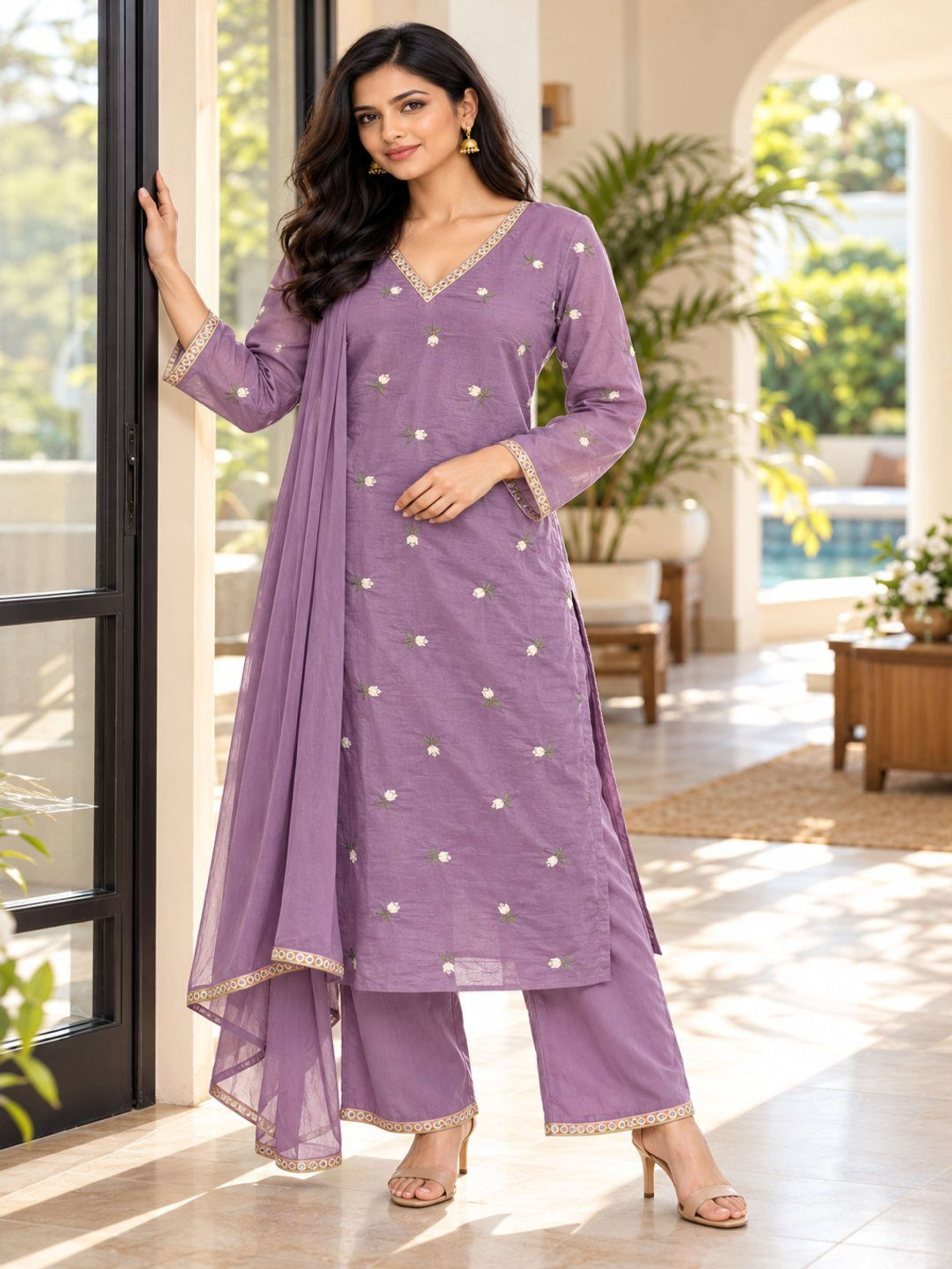 Lavender Embrodiered Kurta Pant Set | Kurta with V Neck & 3/4th Sleeve 2