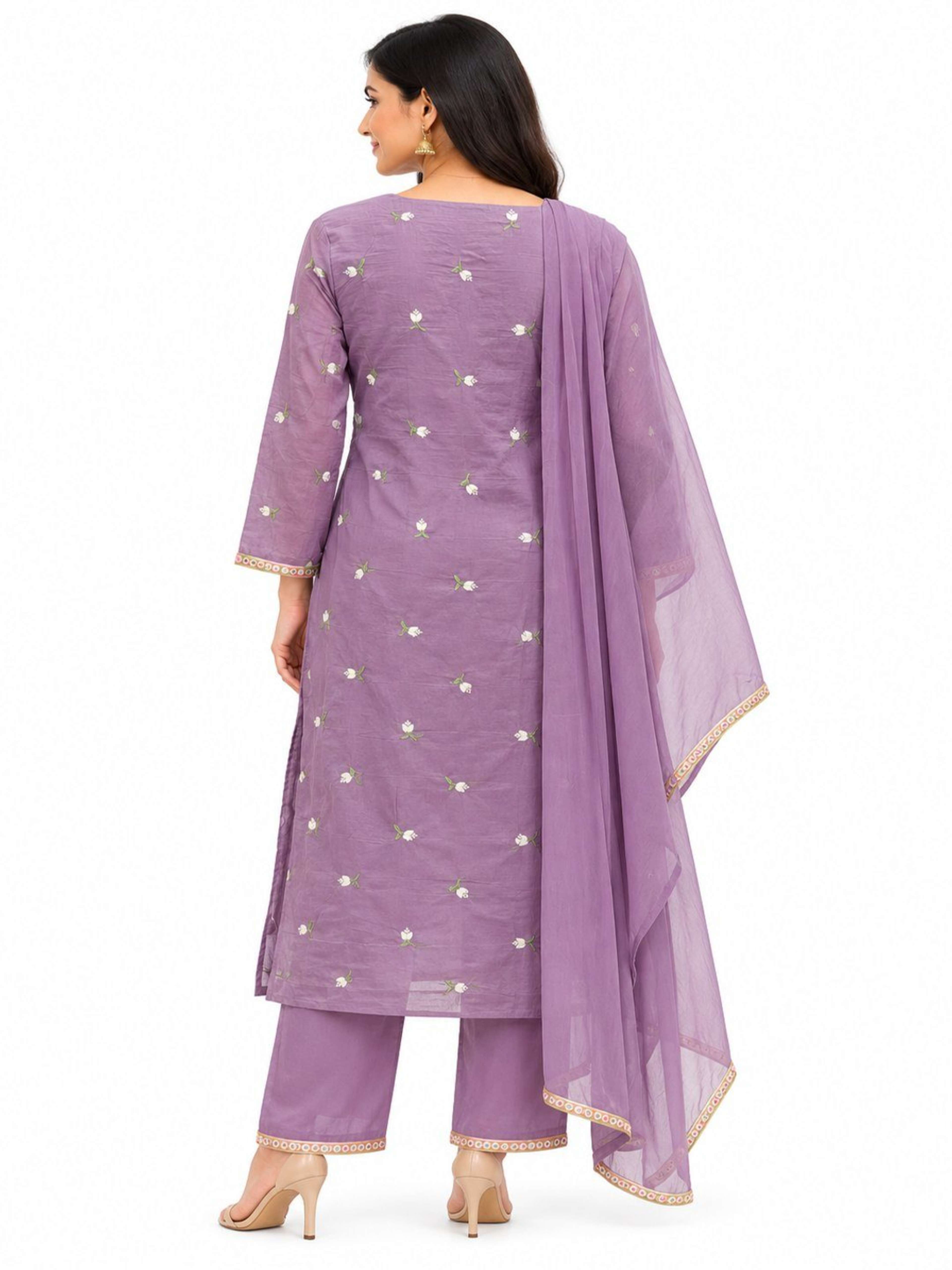 Lavender Embrodiered Kurta Pant Set | Kurta with V Neck & 3/4th Sleeve 3