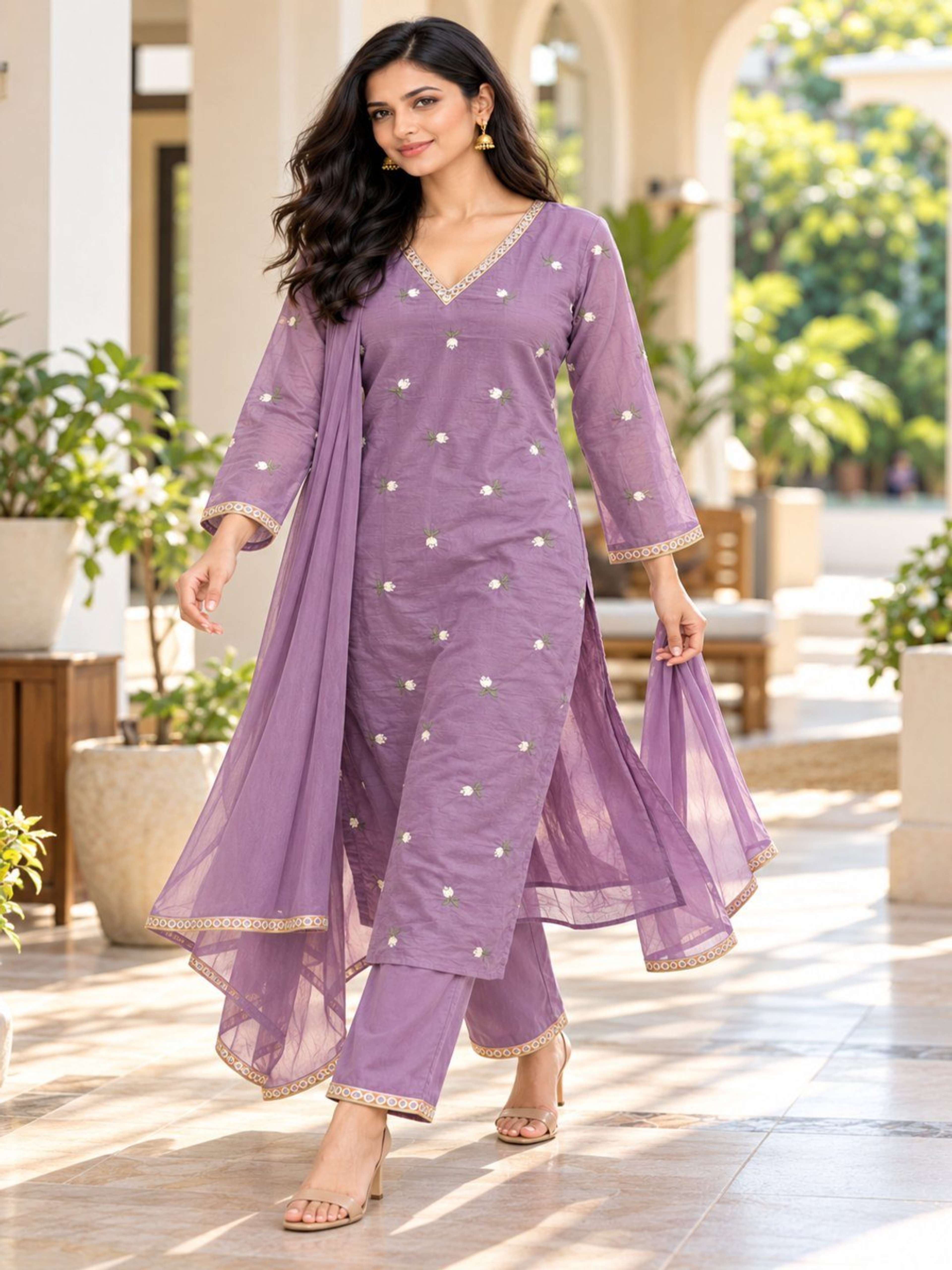 Lavender Embrodiered Kurta Pant Set | Kurta with V Neck & 3/4th Sleeve 5
