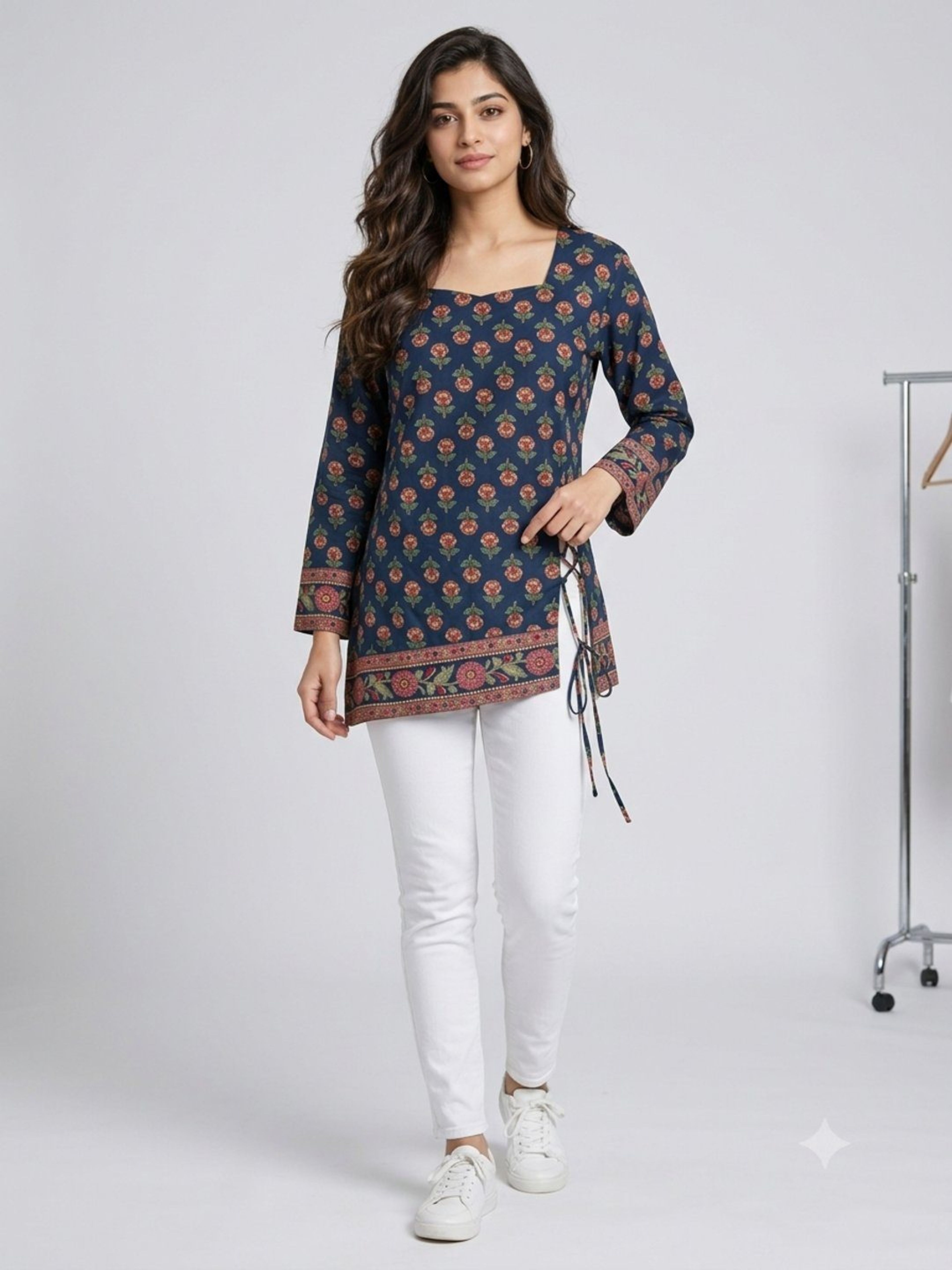 Navy Blue Printed Kurti | Straight Fit Kurti with Square Neck & Tie-Up Sleeves