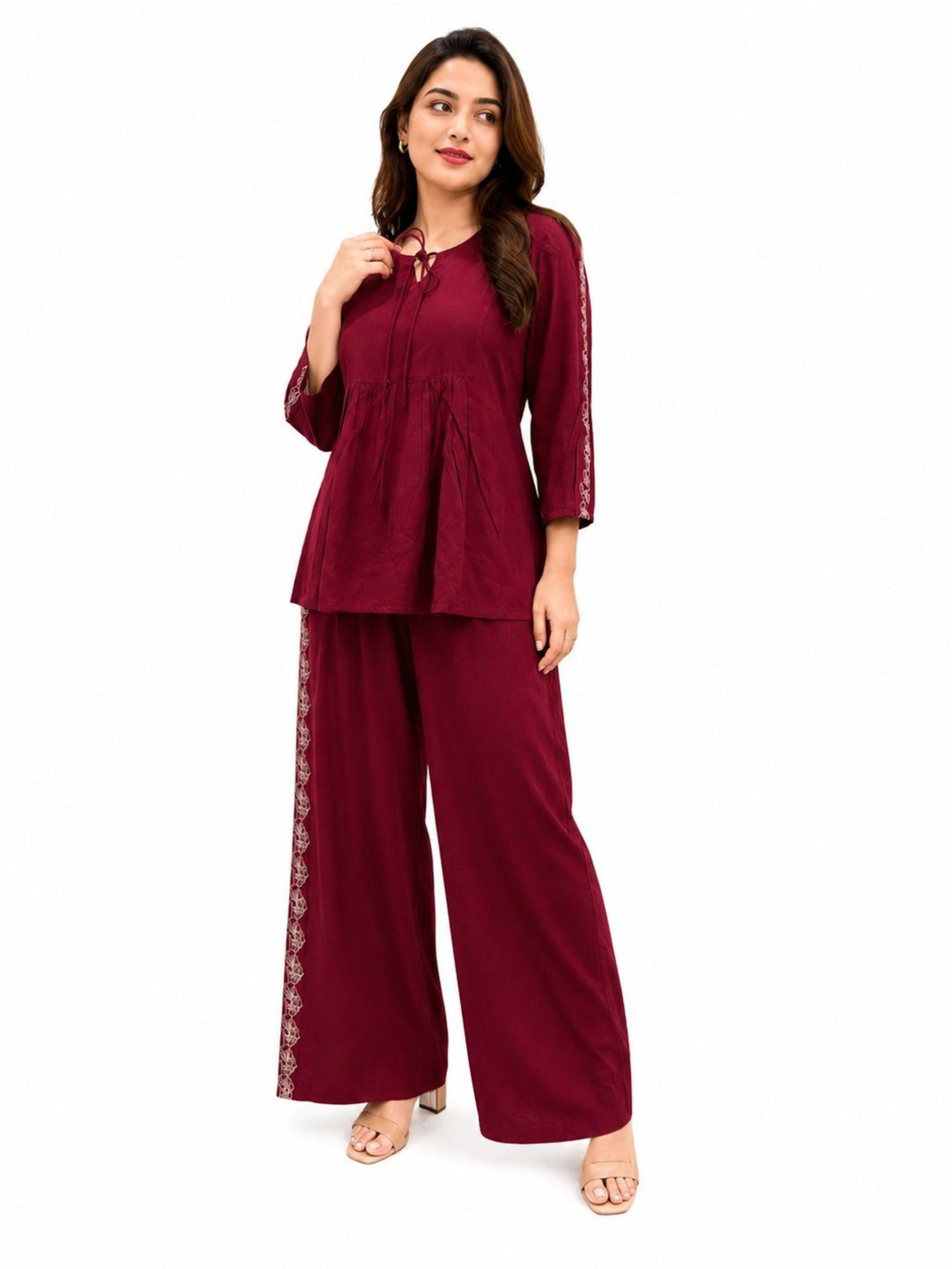 Maroon Embrodireed Co-ord Set | Co-ord with Round Neck With Tie Up & Tie-Up Sleeves