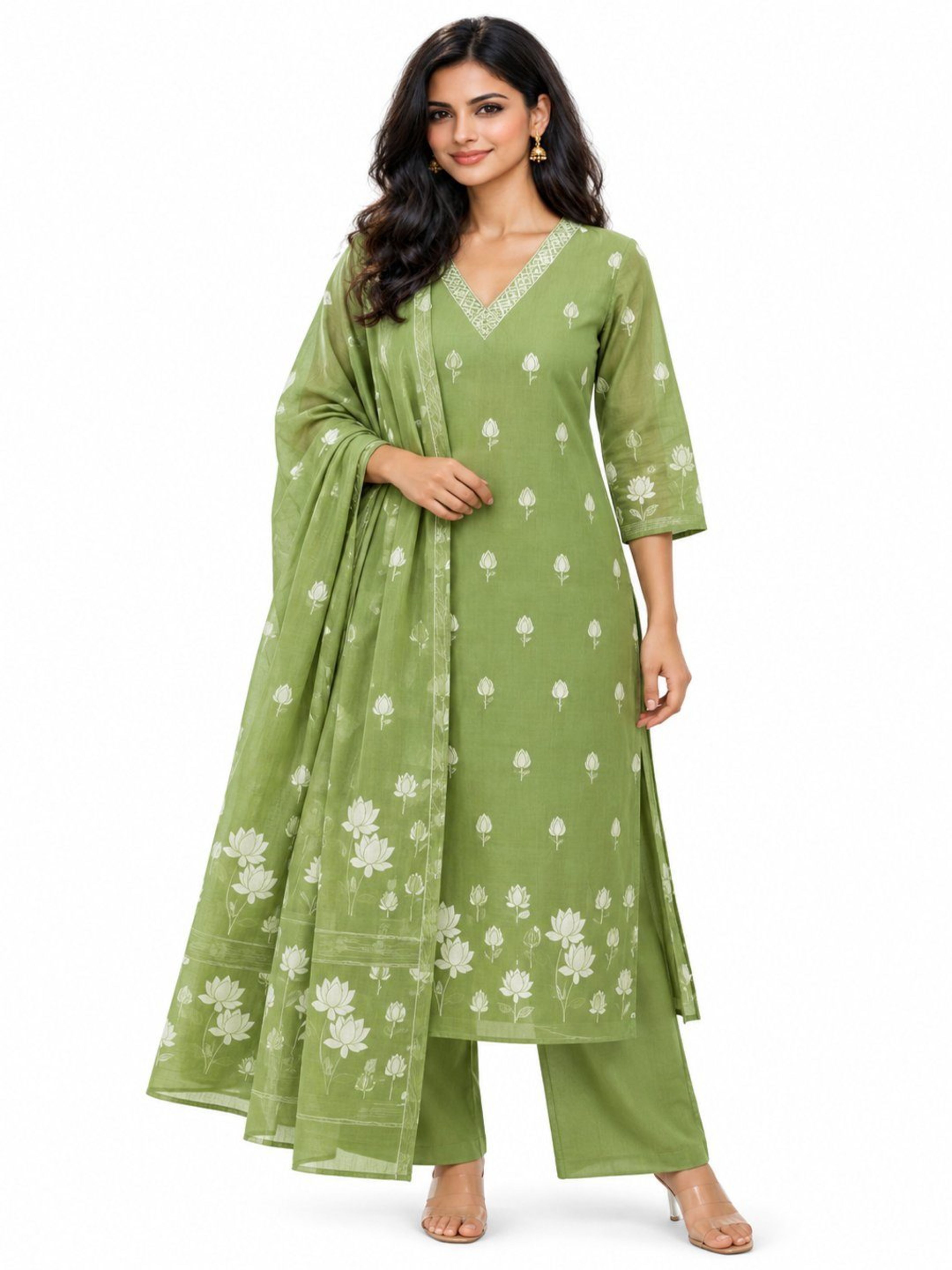Olive Jamdani Weave Kurta Pant Set | Straight Fit Kurta with V Neck & 3/4 Sleeves