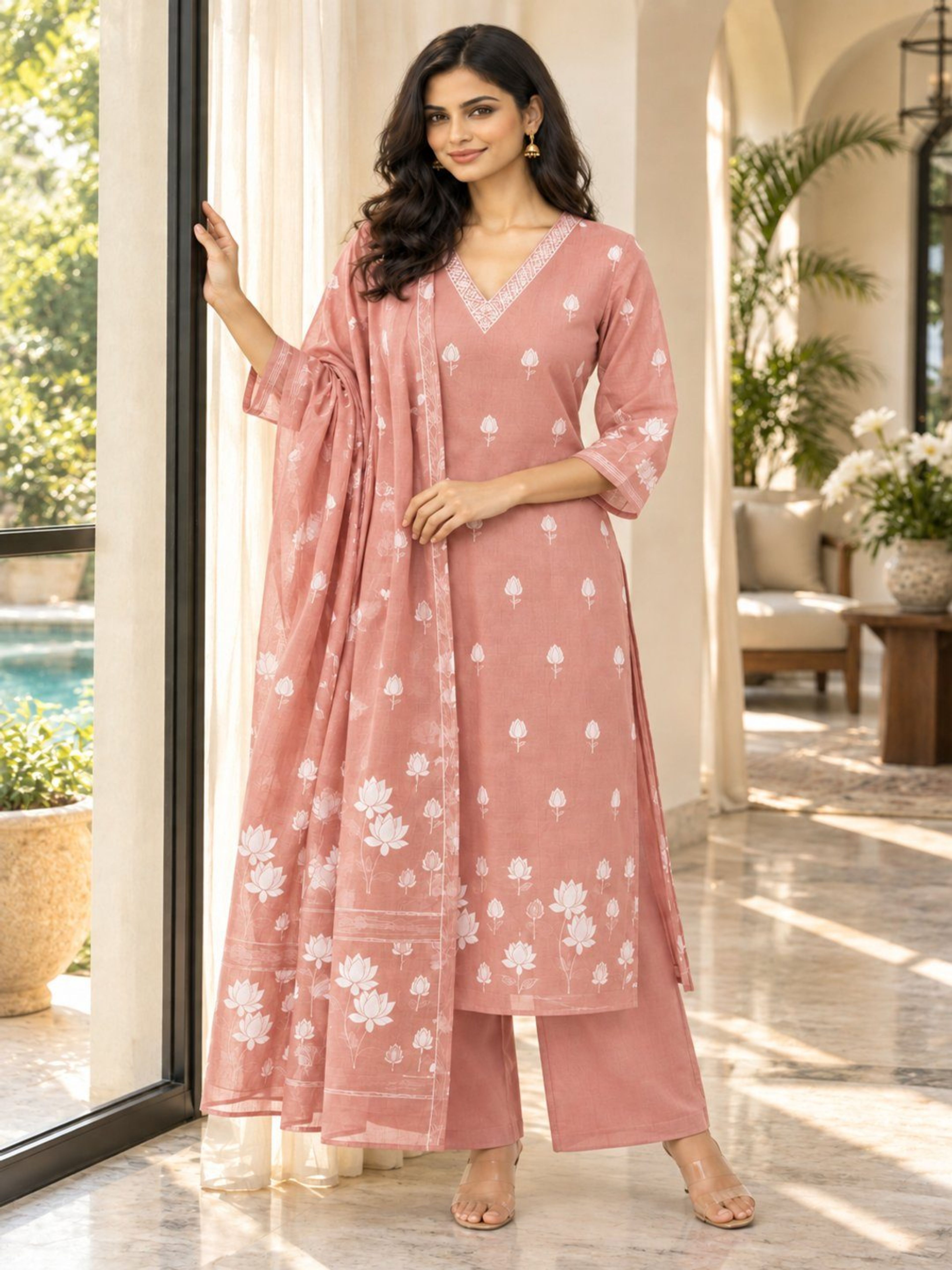 Dusty Rose Pink Jamdani Weave Kurta Pant Set | Straight Fit Kurta with V Neck & 3/4 Sleeves