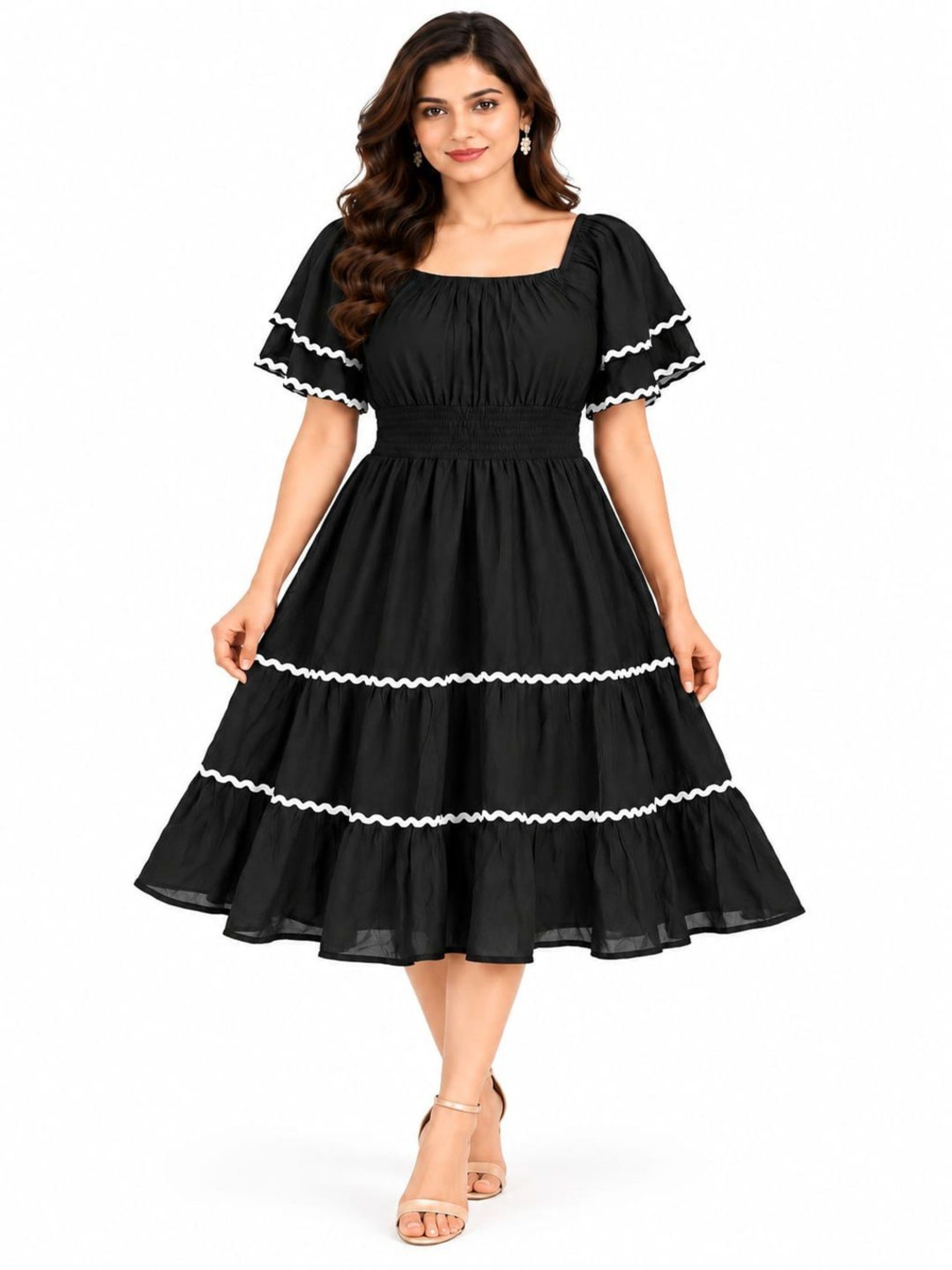 Black Solid Midi Dress | Square Neck | Flutter Sleeve | Casual Midi-Length Dress with Smocked Waist