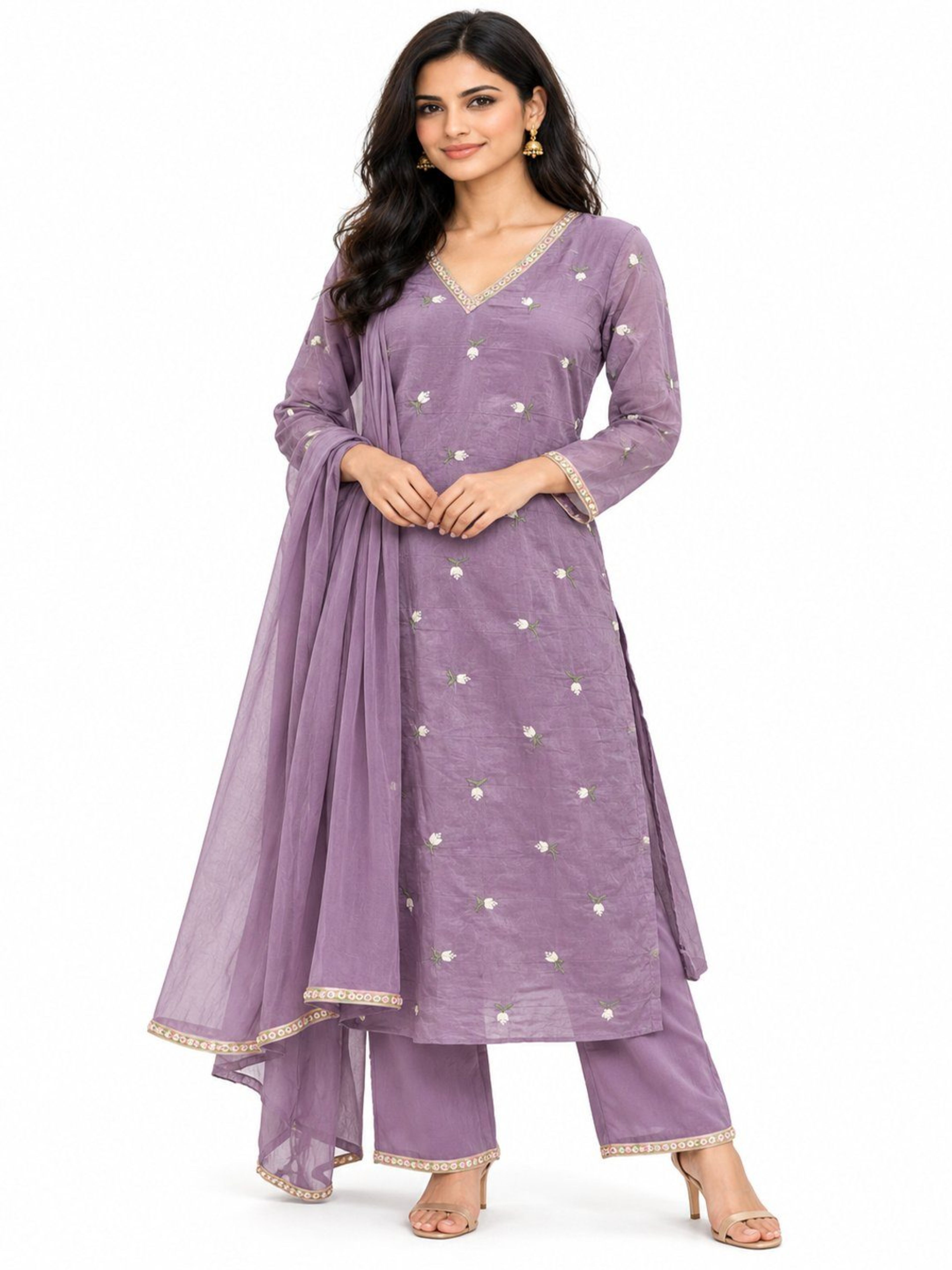 Lavender Embrodiered Kurta Pant Set | Kurta with V Neck & 3/4th Sleeve