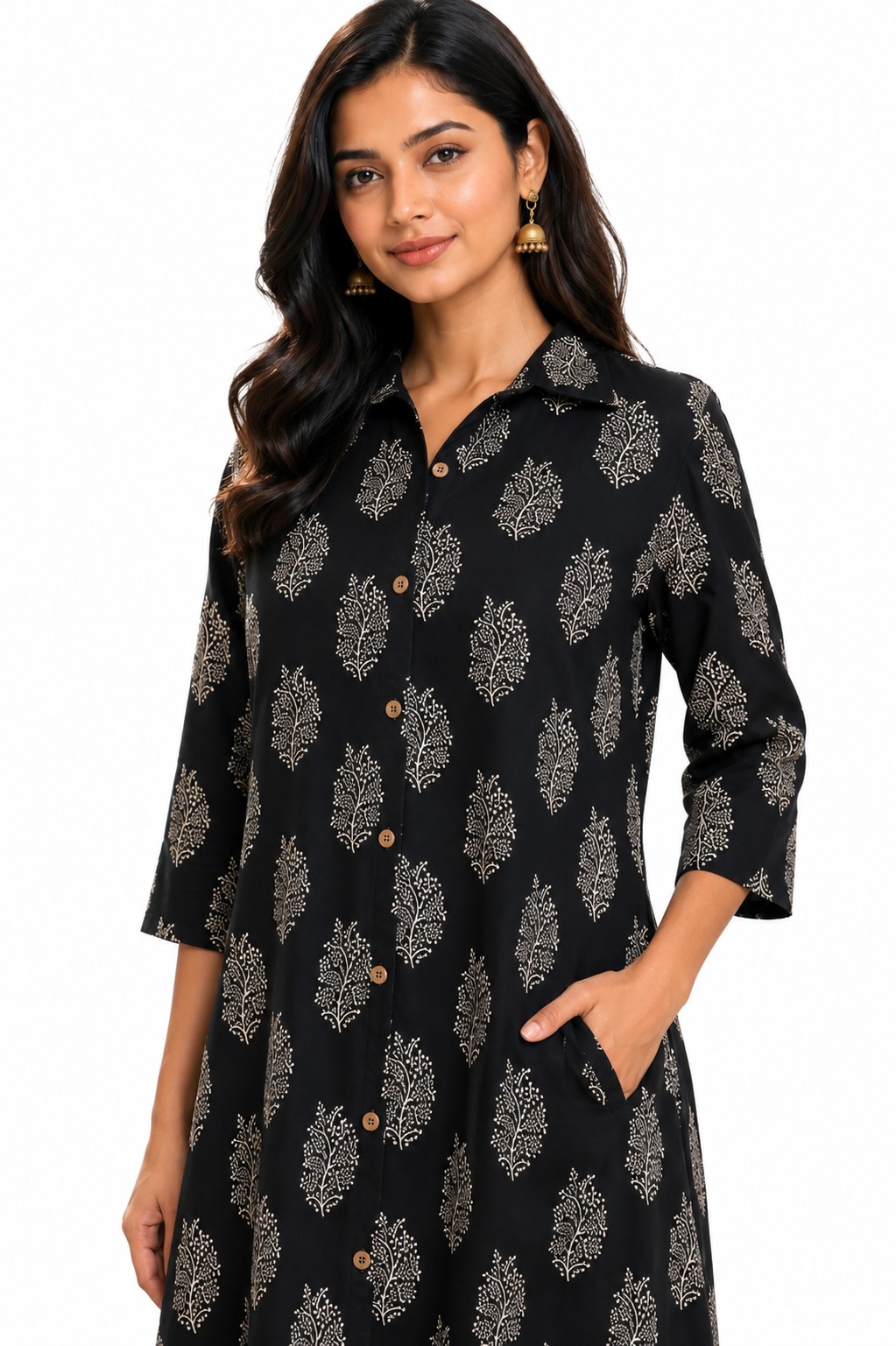 Darshan Style Hub Women Cotton Black High Low Kurta Palazzo Set | Shirt Collar Neckline with Button Detailing | 3/4 Sleeves | Printed Kurta & Palazzo Set 4