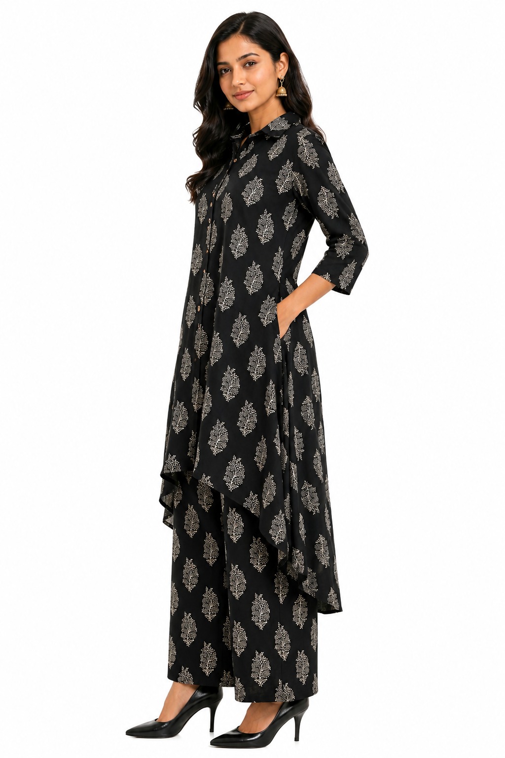 Darshan Style Hub Women Cotton Black High Low Kurta Palazzo Set | Shirt Collar Neckline with Button Detailing | 3/4 Sleeves | Printed Kurta & Palazzo Set 3