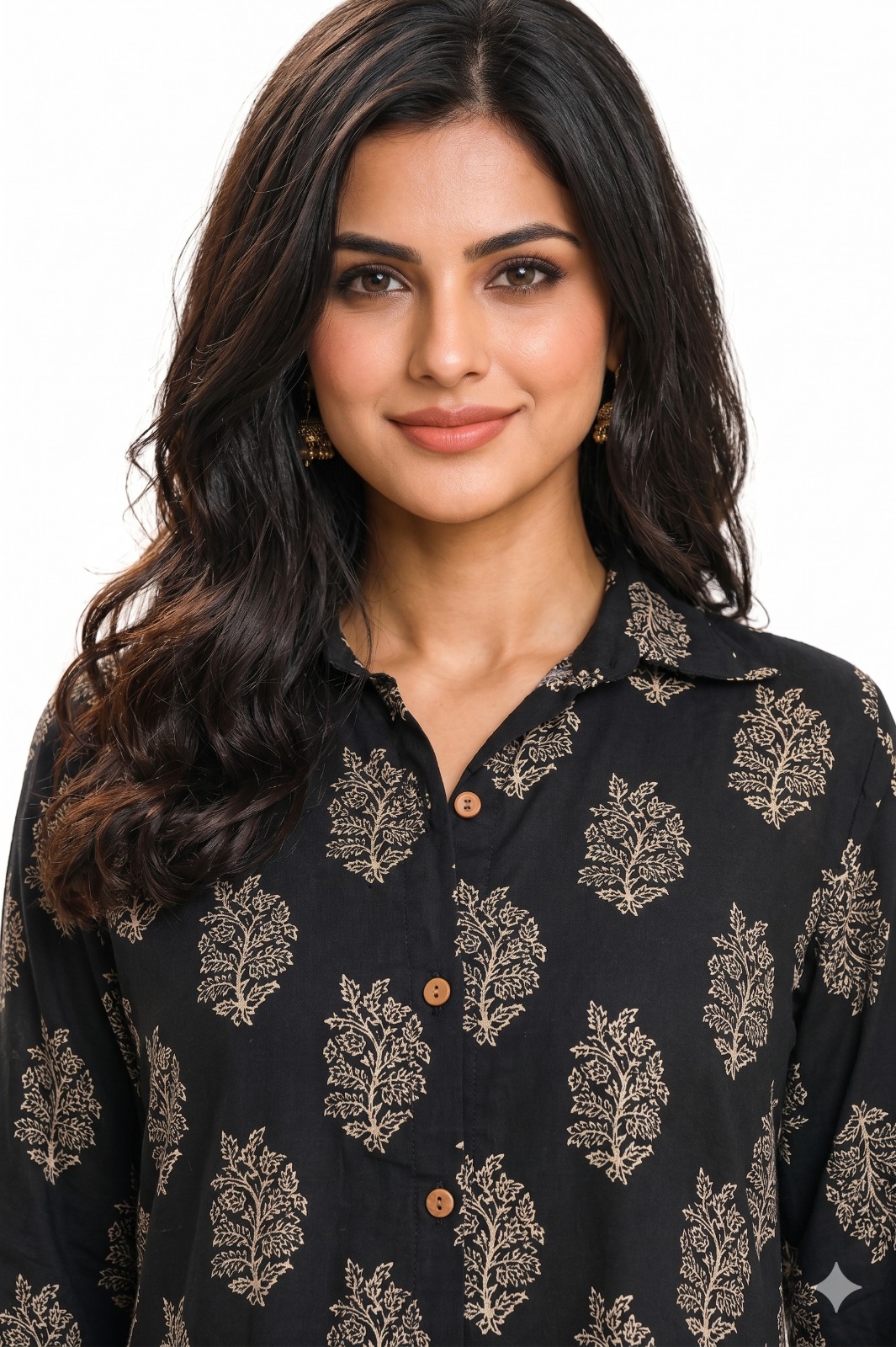 Darshan Style Hub Women Cotton Black High Low Kurta Palazzo Set | Shirt Collar Neckline with Button Detailing | 3/4 Sleeves | Printed Kurta & Palazzo Set 2