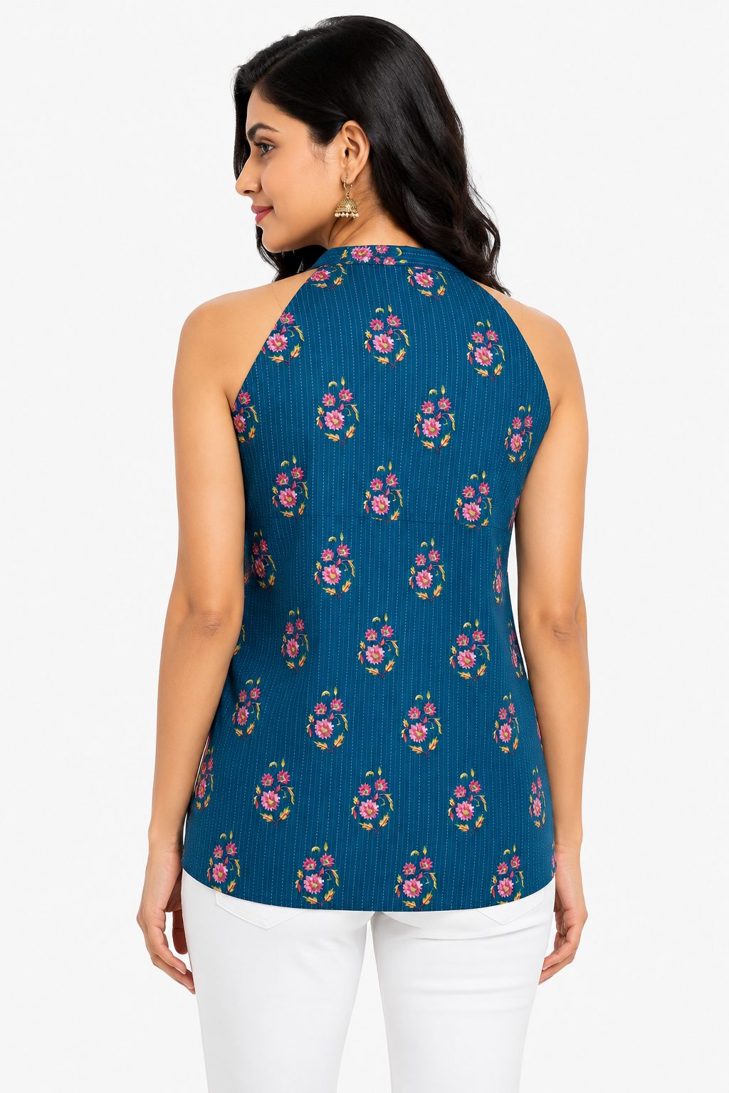 DSH Darshan Style Hub Women's Blue Floral Print Cotton Sleeveless Tunic Top | Casual Summer & Office Wear 2