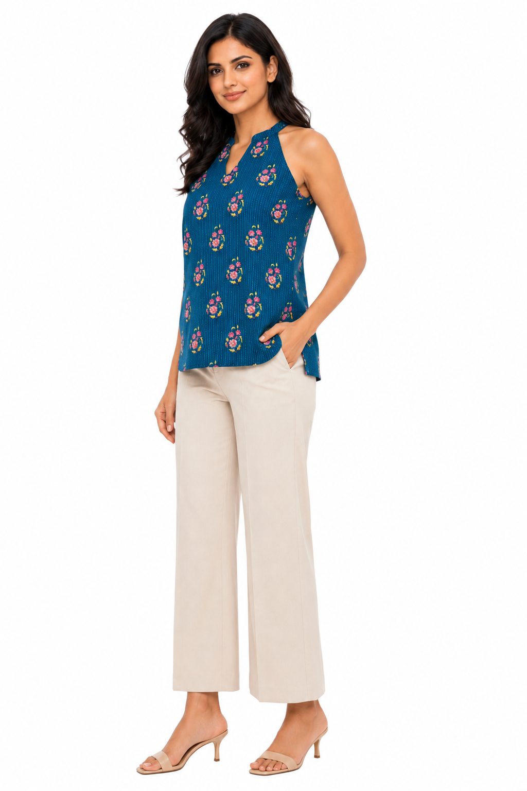 DSH Darshan Style Hub Women's Blue Floral Print Cotton Sleeveless Tunic Top | Casual Summer & Office Wear 3