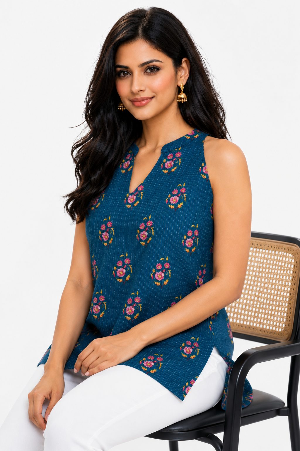 DSH Darshan Style Hub Women's Blue Floral Print Cotton Sleeveless Tunic Top | Casual Summer & Office Wear 4