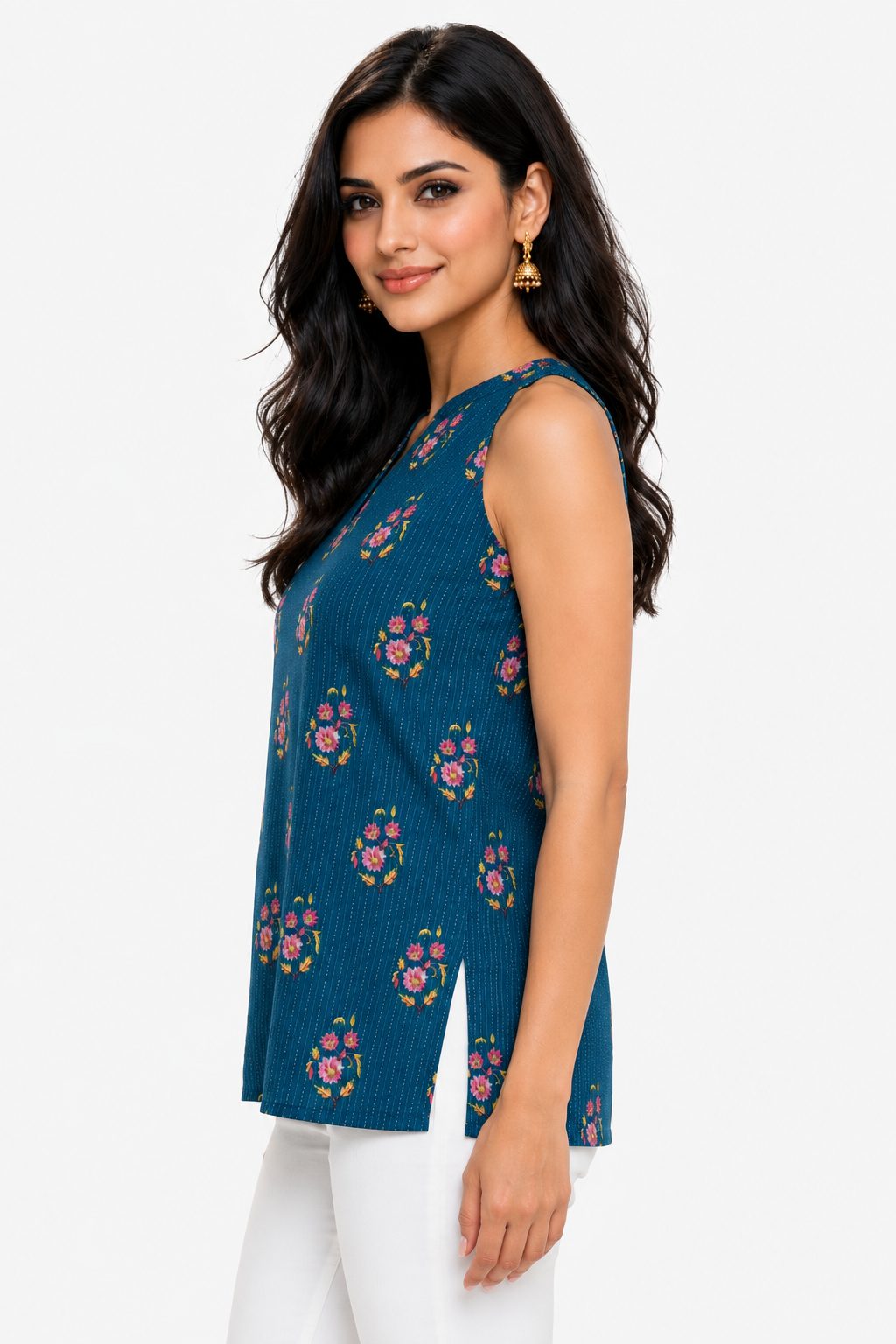 DSH Darshan Style Hub Women's Blue Floral Print Cotton Sleeveless Tunic Top | Casual Summer & Office Wear 5