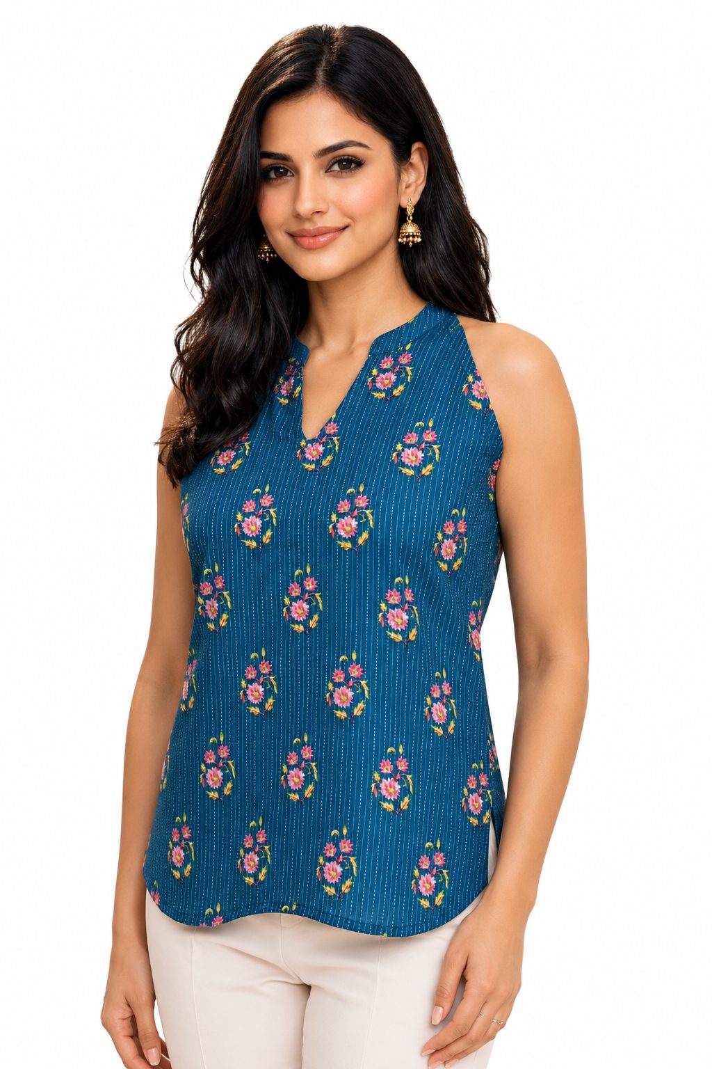 DSH Darshan Style Hub Women's Blue Floral Print Cotton Sleeveless Tunic Top | Casual Summer & Office Wear 7