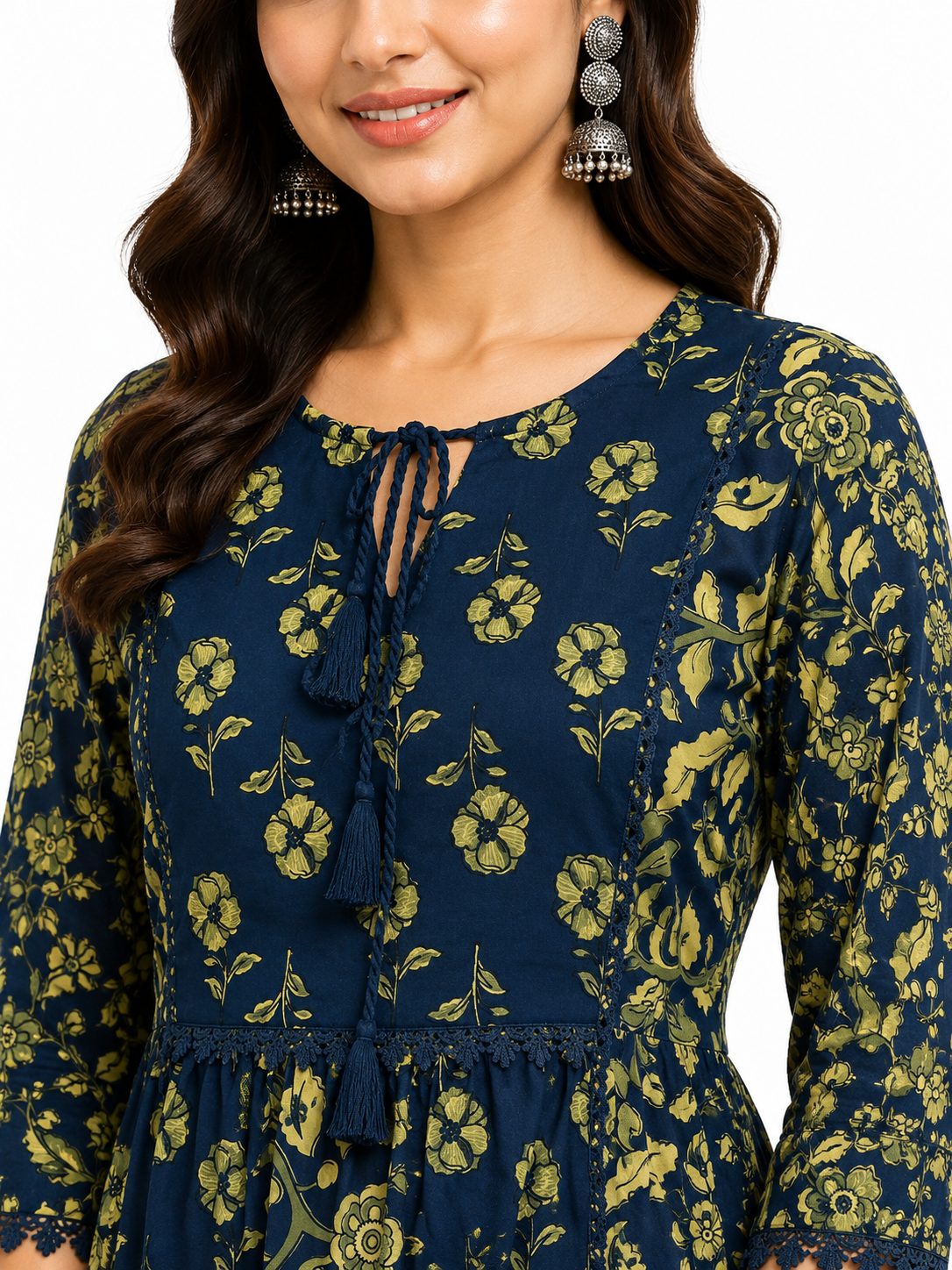 Darshan Style Hub Women’s Cotton Navy Blue Floral Anarkali Kurta Pant with Dupatta Set | Round Neck with Dori Tassels | Ethnic Printed Suit Set 2