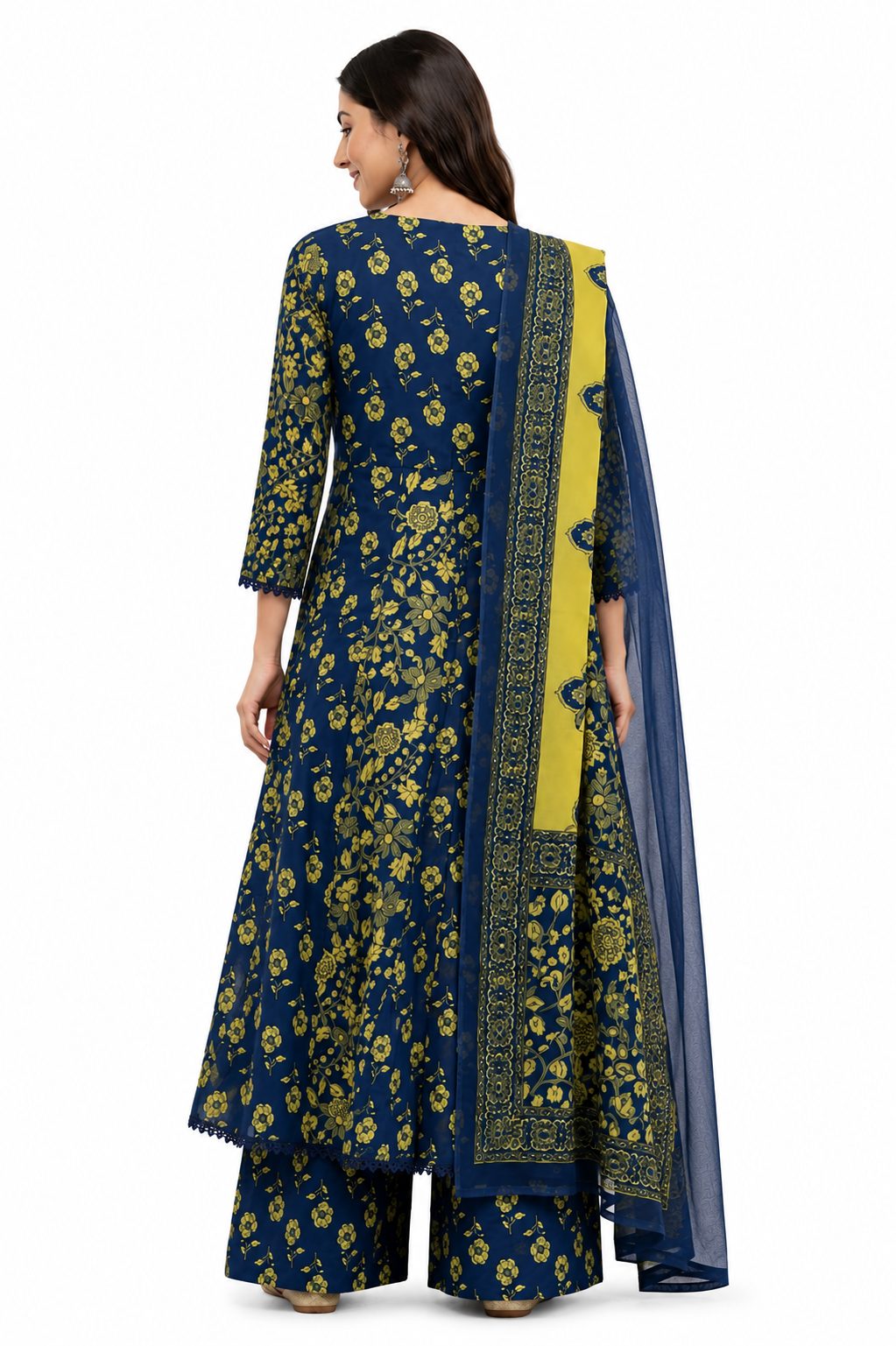 Darshan Style Hub Women’s Cotton Navy Blue Floral Anarkali Kurta Pant with Dupatta Set | Round Neck with Dori Tassels | Ethnic Printed Suit Set 3
