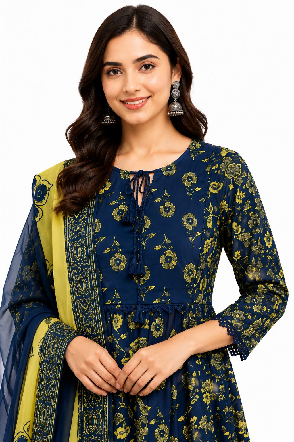 Darshan Style Hub Women’s Cotton Navy Blue Floral Anarkali Kurta Pant with Dupatta Set | Round Neck with Dori Tassels | Ethnic Printed Suit Set 4