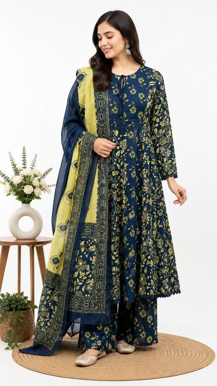 Darshan Style Hub Women’s Cotton Navy Blue Floral Anarkali Kurta Pant with Dupatta Set | Round Neck with Dori Tassels | Ethnic Printed Suit Set 5