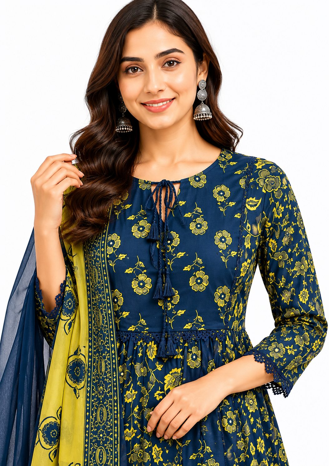 Darshan Style Hub Women’s Cotton Navy Blue Floral Anarkali Kurta Pant with Dupatta Set | Round Neck with Dori Tassels | Ethnic Printed Suit Set 6