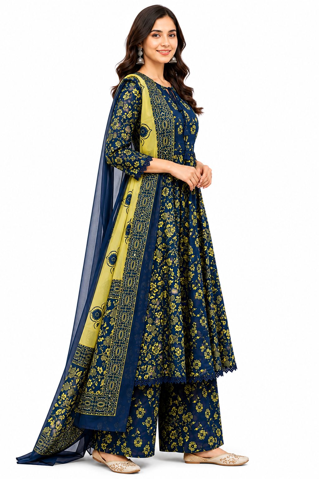 Darshan Style Hub Women’s Cotton Navy Blue Floral Anarkali Kurta Pant with Dupatta Set | Round Neck with Dori Tassels | Ethnic Printed Suit Set 7