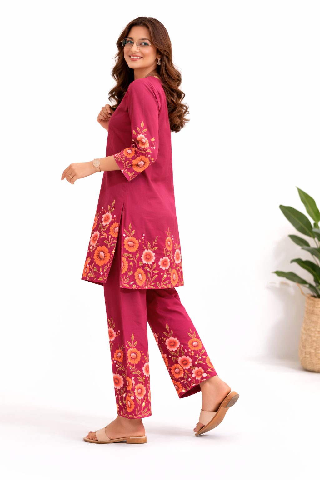 Women’s Fuchsia pink coral floral cotton printed kurta pant set  | Mandarin band collar with front slit neckline  | 3/4 Sleeve with floral placment print | comfortble regular fit shillouttle 2