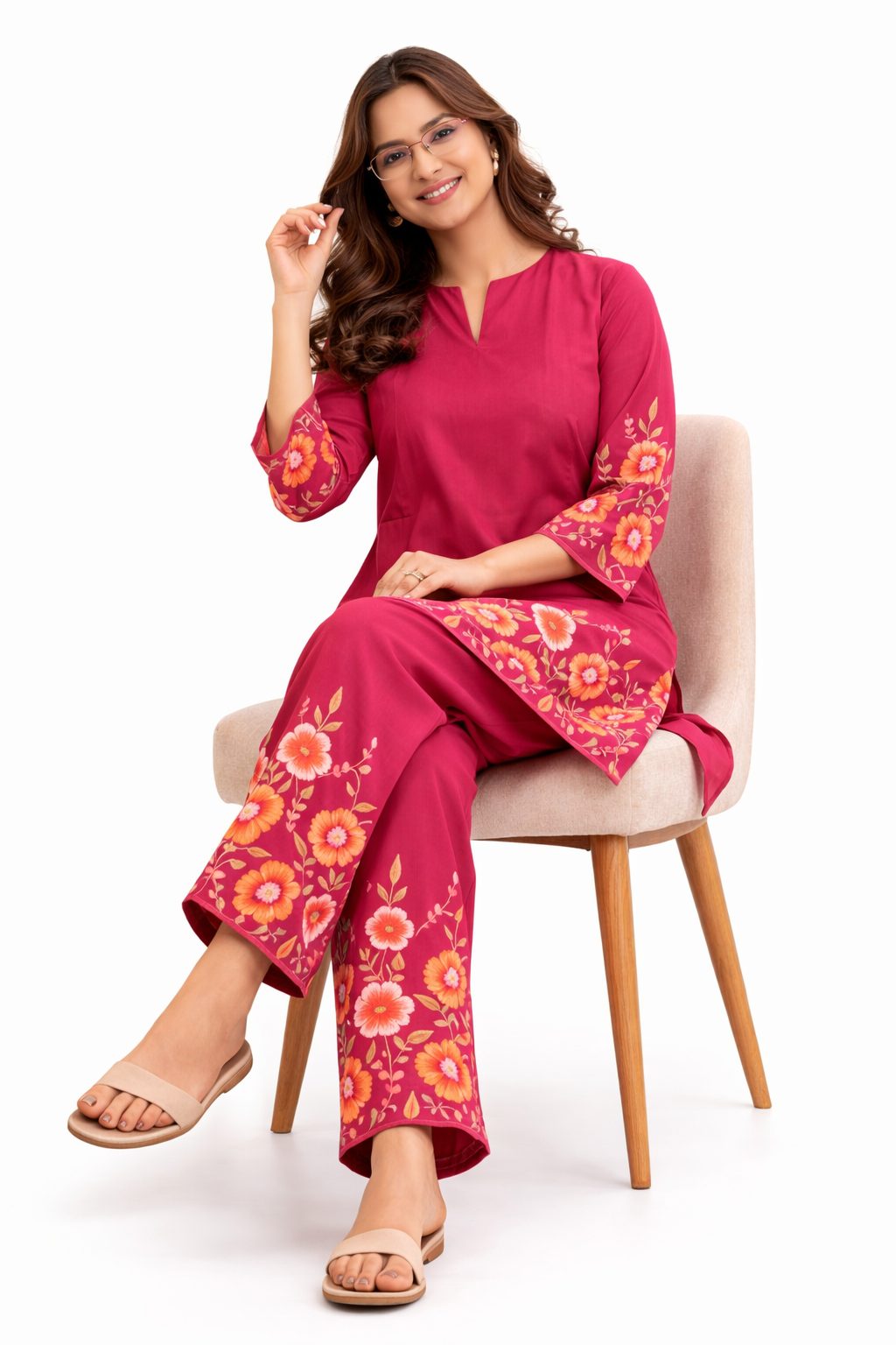 Women’s Fuchsia pink coral floral cotton printed kurta pant set  | Mandarin band collar with front slit neckline  | 3/4 Sleeve with floral placment print | comfortble regular fit shillouttle 3