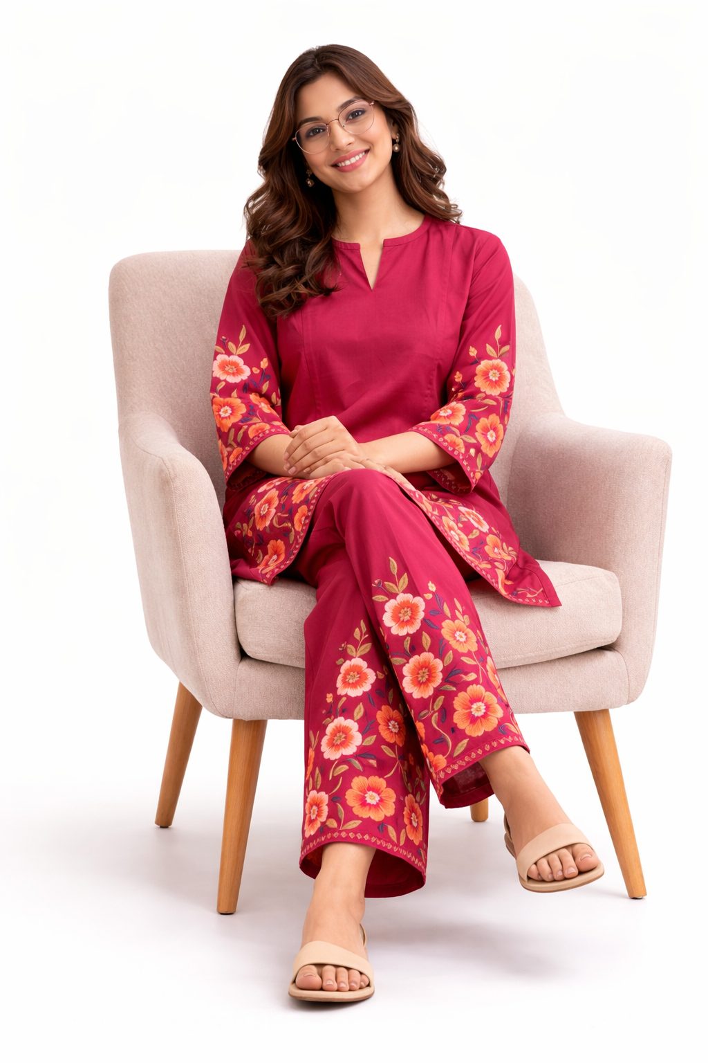 Women’s Fuchsia pink coral floral cotton printed kurta pant set  | Mandarin band collar with front slit neckline  | 3/4 Sleeve with floral placment print | comfortble regular fit shillouttle 4