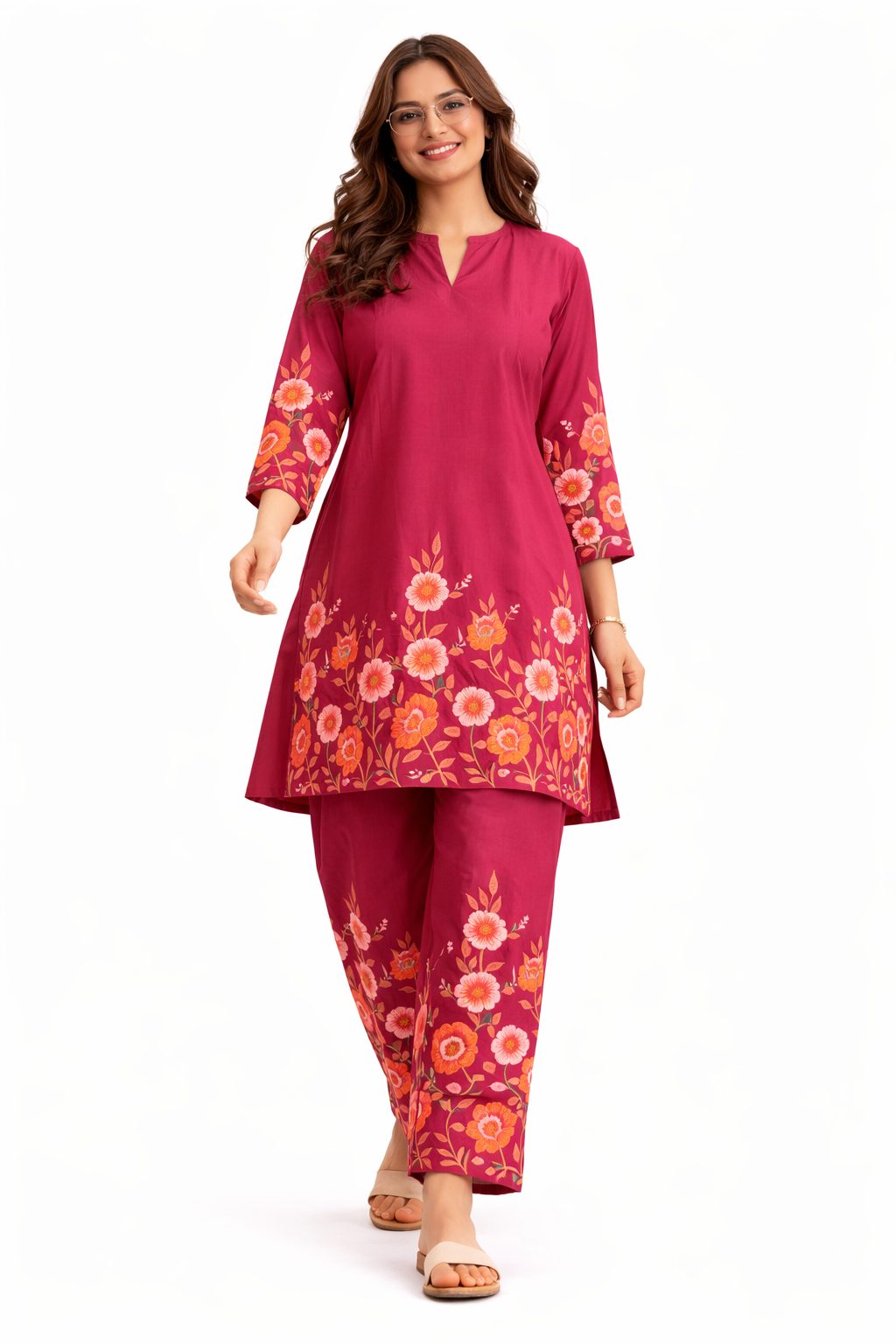 Women’s Fuchsia pink coral floral cotton printed kurta pant set  | Mandarin band collar with front slit neckline  | 3/4 Sleeve with floral placment print | comfortble regular fit shillouttle 5