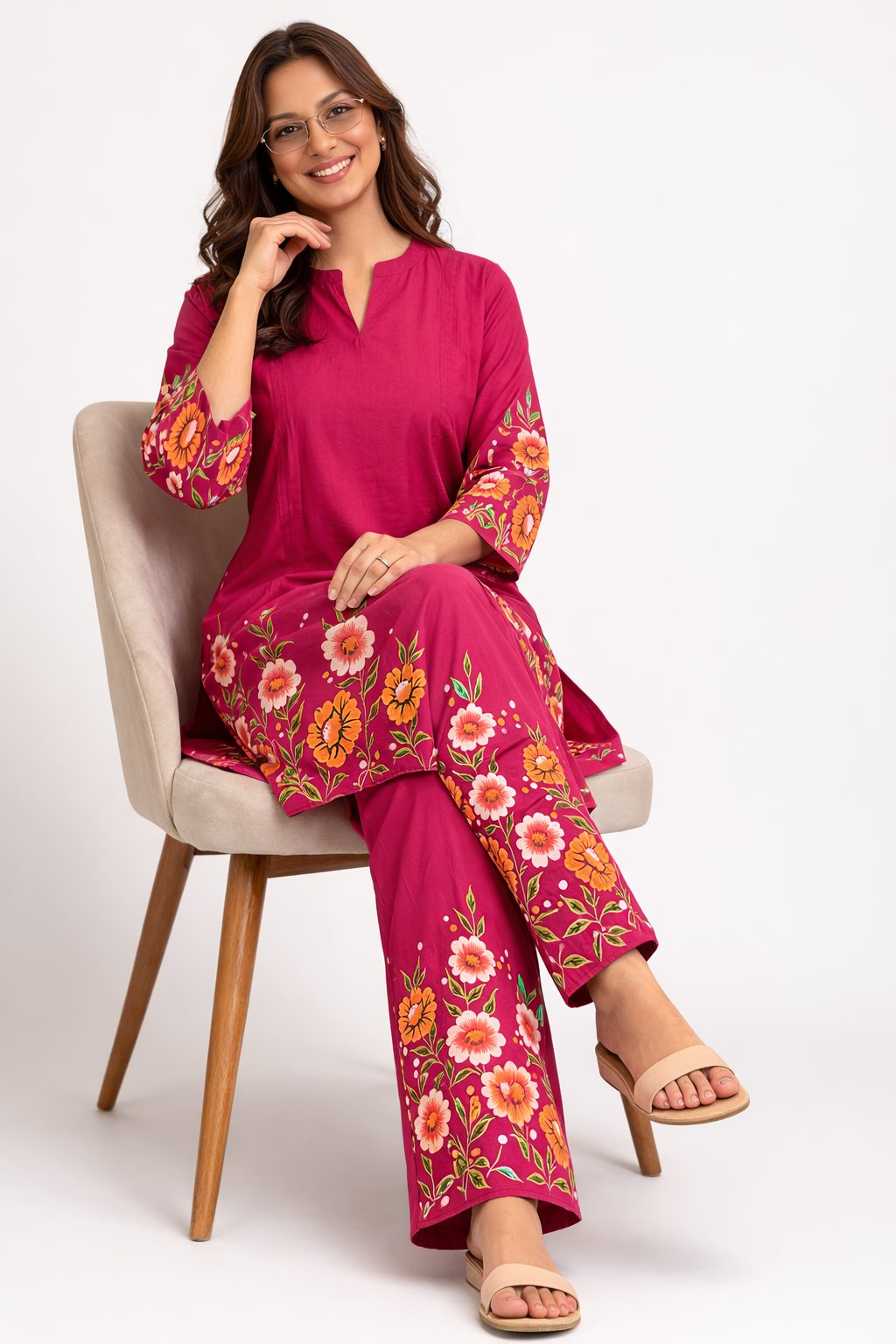 Women’s Fuchsia pink coral floral cotton printed kurta pant set  | Mandarin band collar with front slit neckline  | 3/4 Sleeve with floral placment print | comfortble regular fit shillouttle 6