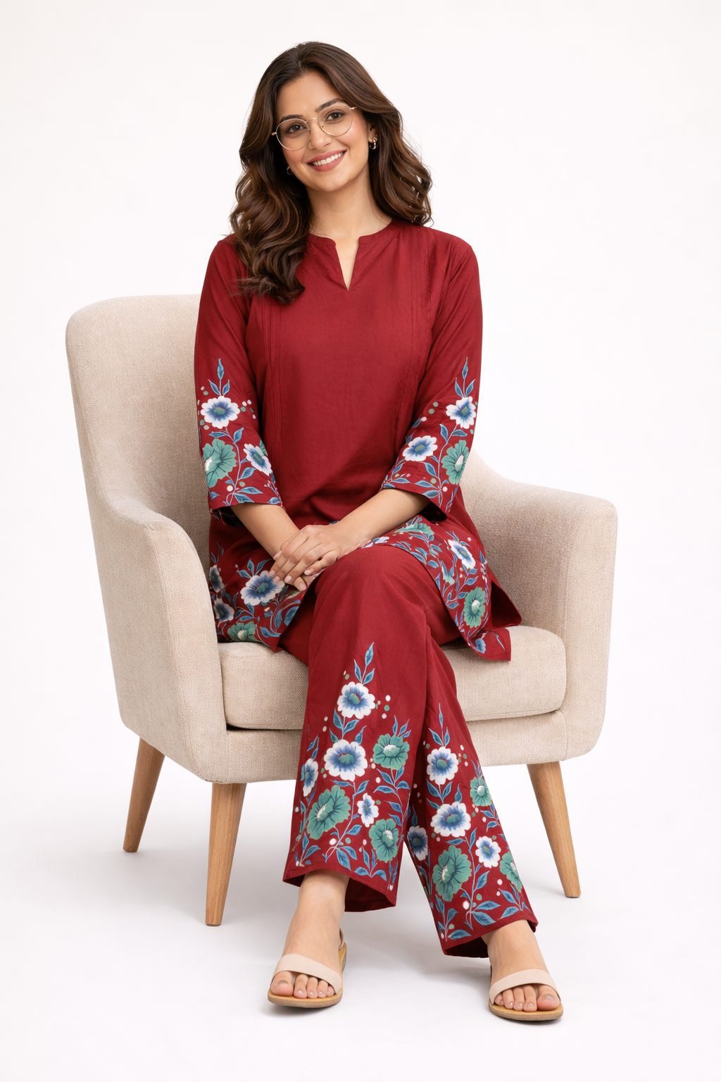 Women’s Rust coral floral cotton printed kurta pant set  | Mandarin band collar with front slit neckline  | 3/4 Sleeve with floral placment print | comfortble regular fit shillouttle 2