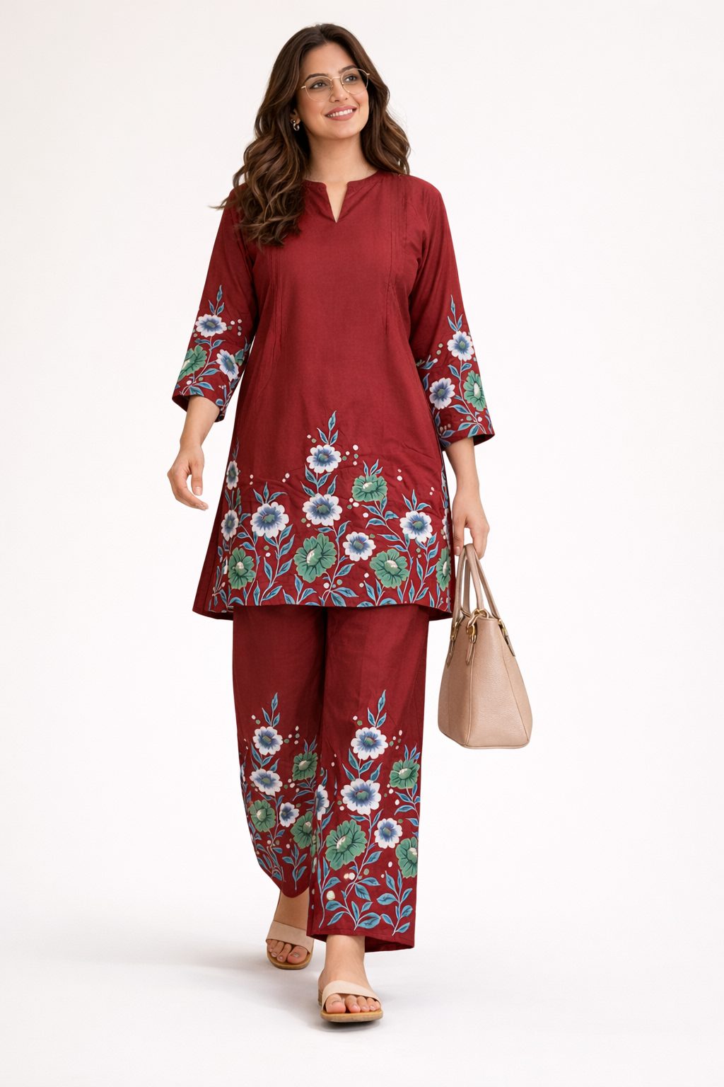 Women’s Rust coral floral cotton printed kurta pant set  | Mandarin band collar with front slit neckline  | 3/4 Sleeve with floral placment print | comfortble regular fit shillouttle 3