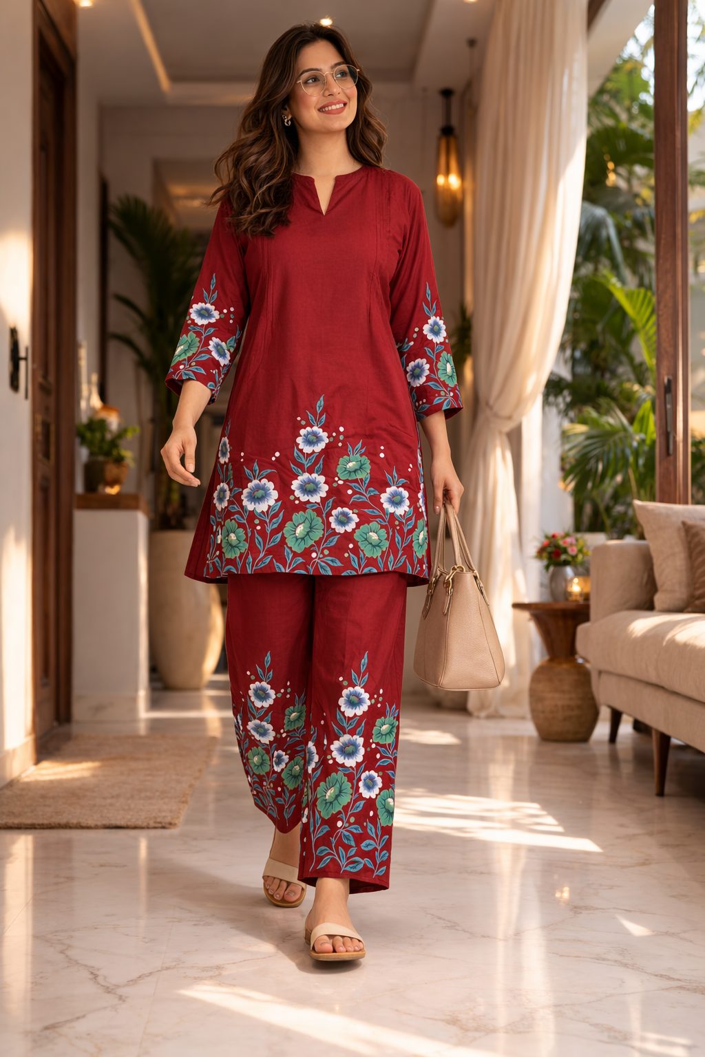 Women’s Rust coral floral cotton printed kurta pant set  | Mandarin band collar with front slit neckline  | 3/4 Sleeve with floral placment print | comfortble regular fit shillouttle 4