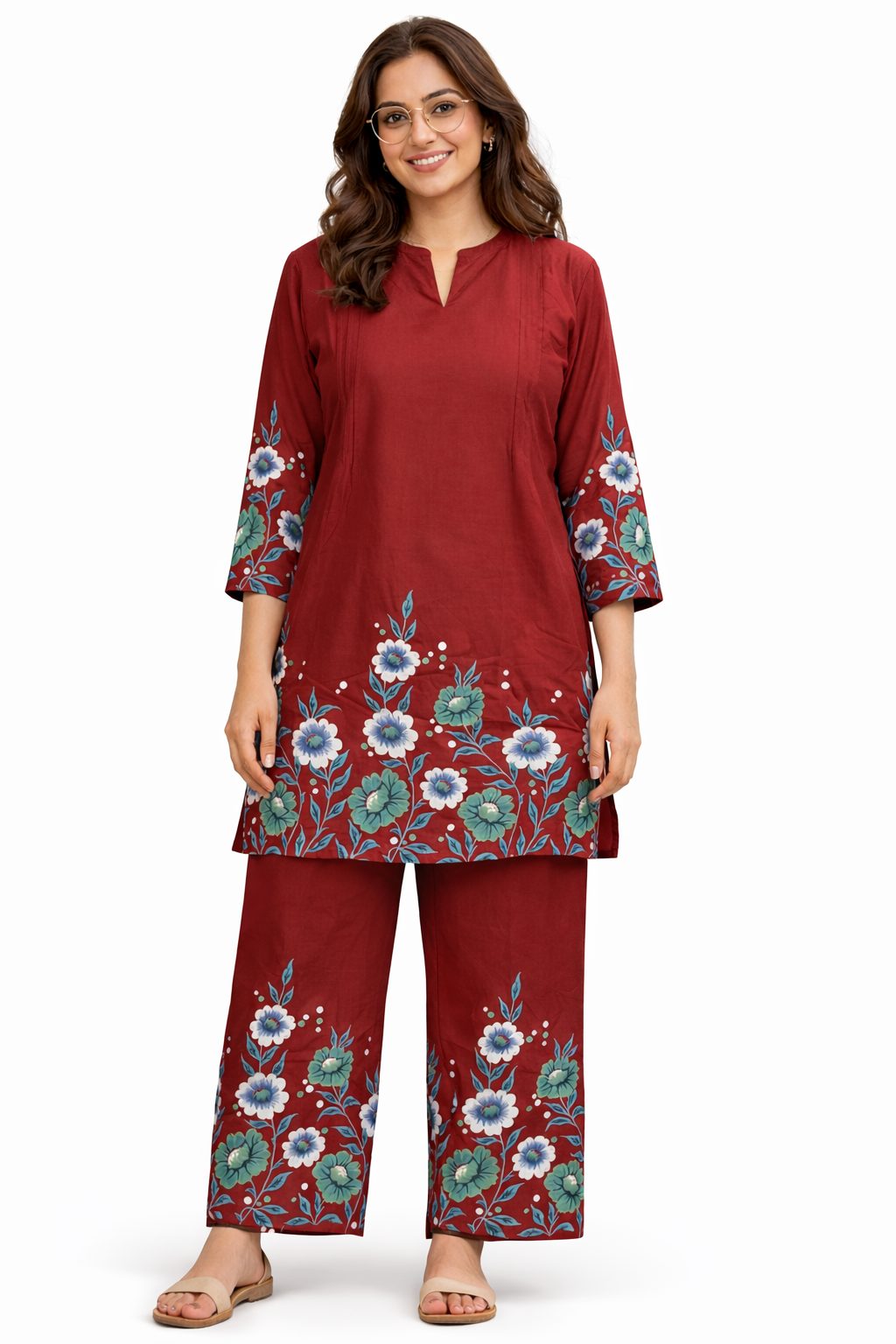 Women’s Rust coral floral cotton printed kurta pant set  | Mandarin band collar with front slit neckline  | 3/4 Sleeve with floral placment print | comfortble regular fit shillouttle 5