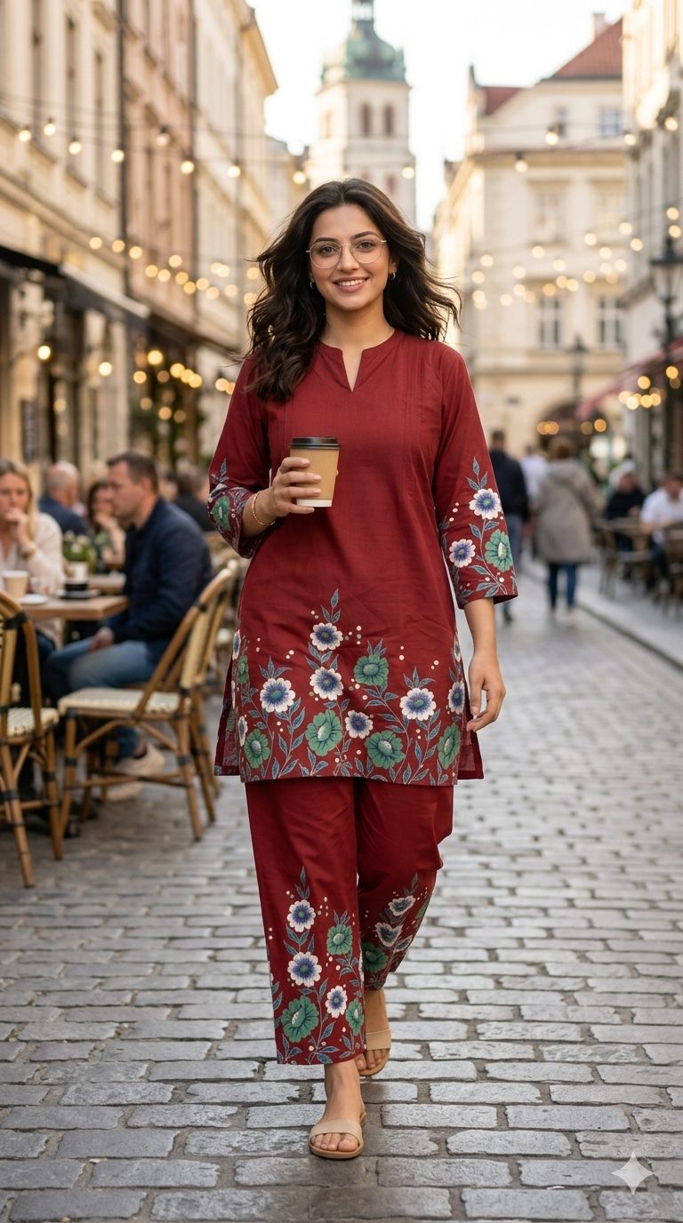 Women’s Rust coral floral cotton printed kurta pant set  | Mandarin band collar with front slit neckline  | 3/4 Sleeve with floral placment print | comfortble regular fit shillouttle 6