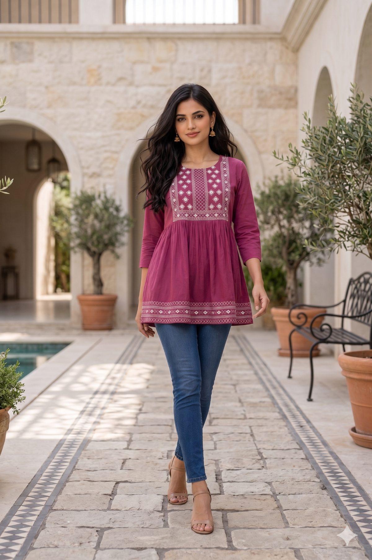 Darshan Style Hub Women’s Viscose Flared Embroidered Top | Round Neck | 3/4 Sleeve | Casual Wear 3