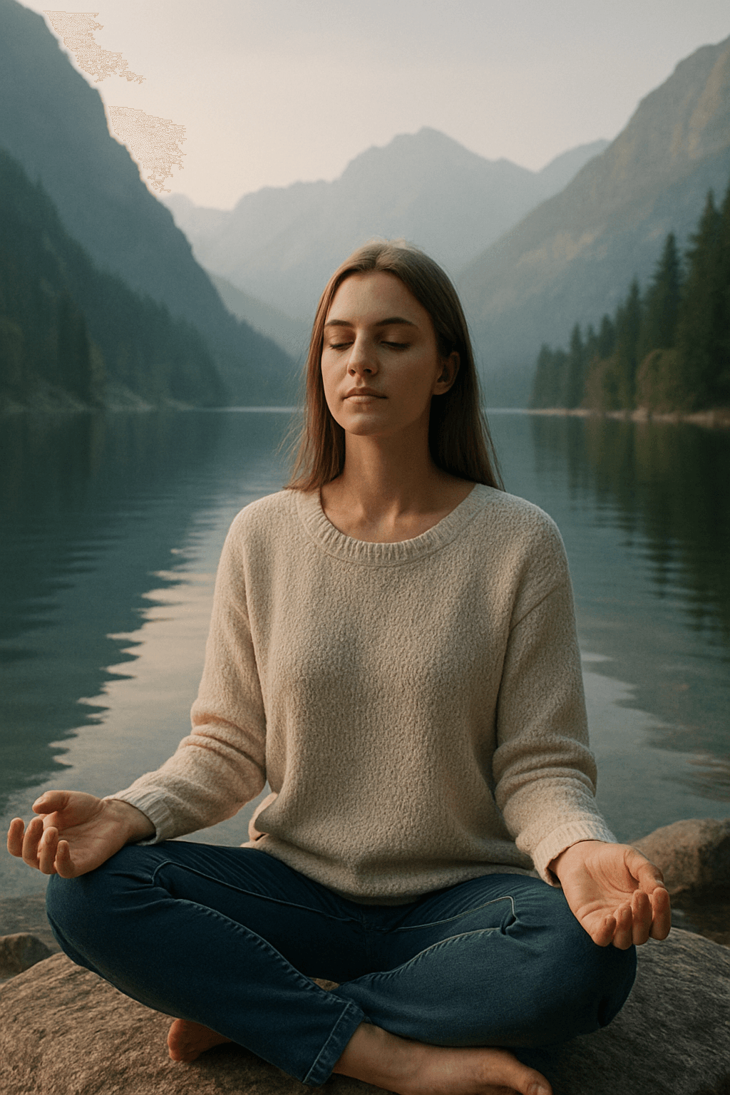 femme meditant au bord d'un lac 