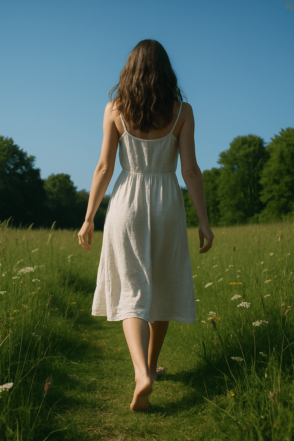 femme marchant dans une prairie, pieds nus