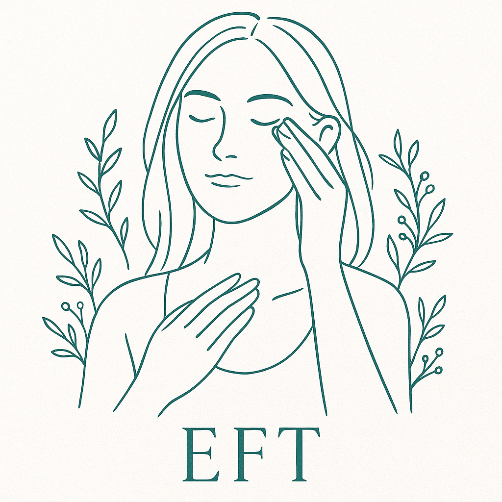 Femme pratiquant l’EFT en nature, tapotant son visage pour libérer ses émotions.