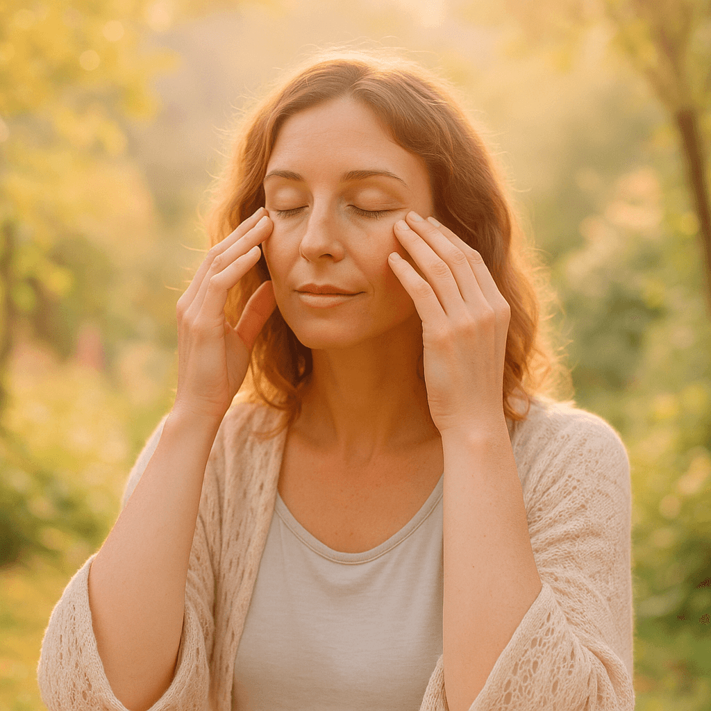 Femme pratiquant l’EFT en nature, tapotant son visage pour libérer ses émotions.