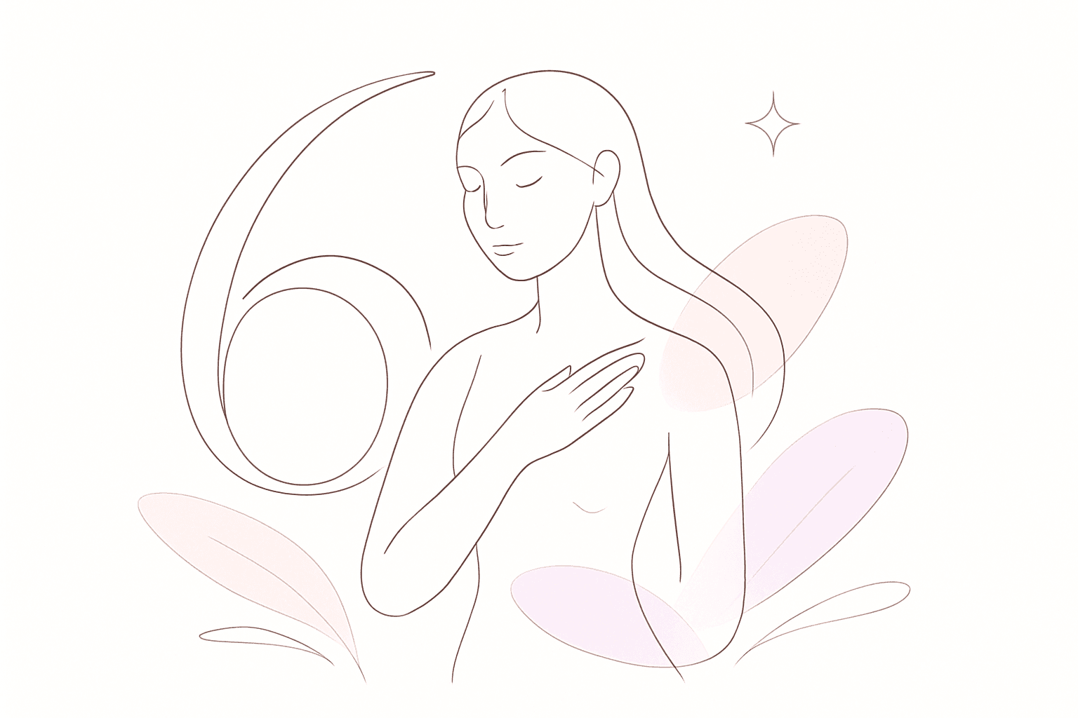 Illustration symbolique d'une femme posant la main sur son cœur, avec un grand chiffre 6 dessiné pour incarner l'énergie du 6 : amour, harmonie et soin.