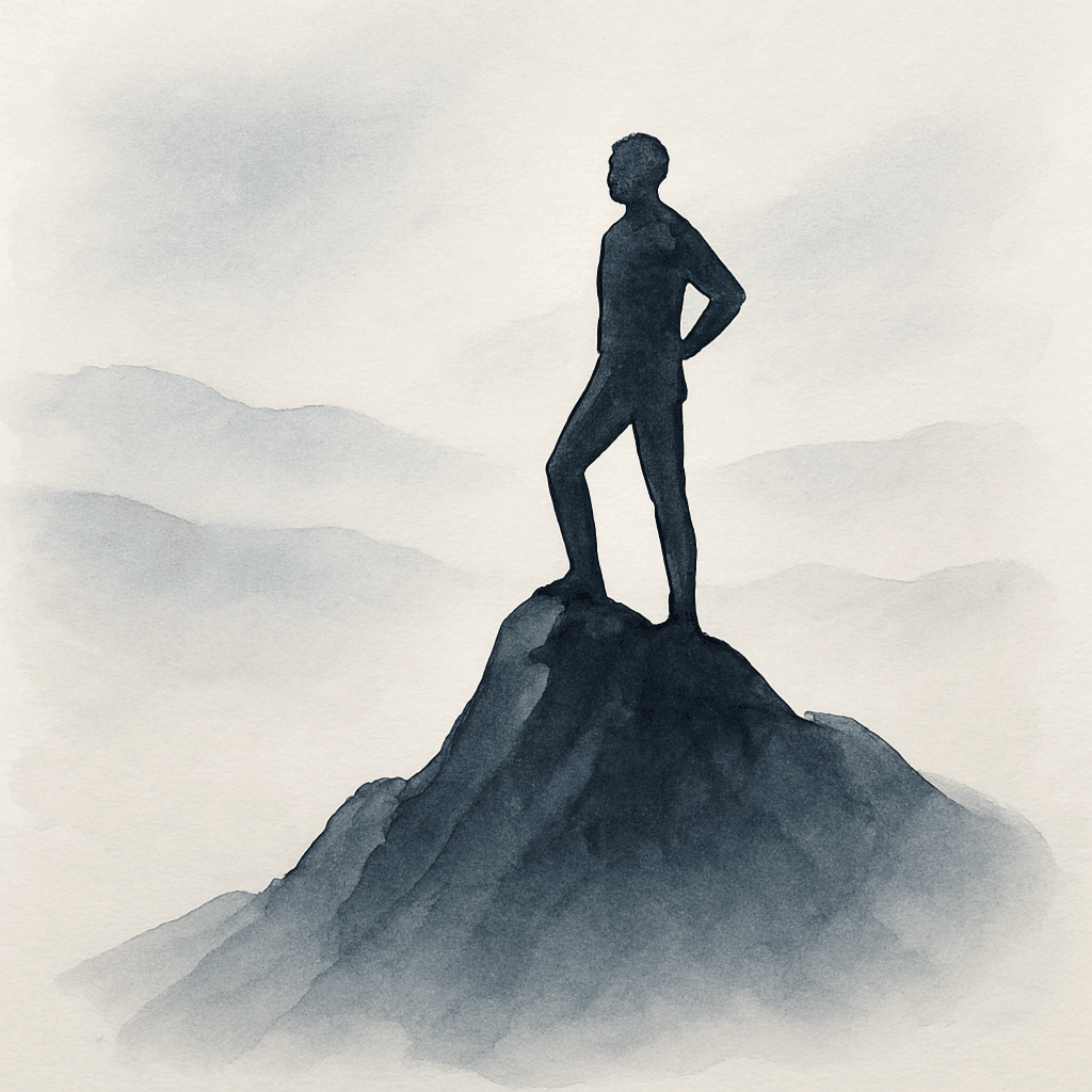 Illustration épurée en aquarelle monochrome d’un homme seul au sommet d’une montagne, symbolisant la force individuelle du 1 et la maîtrise matérielle du 8.