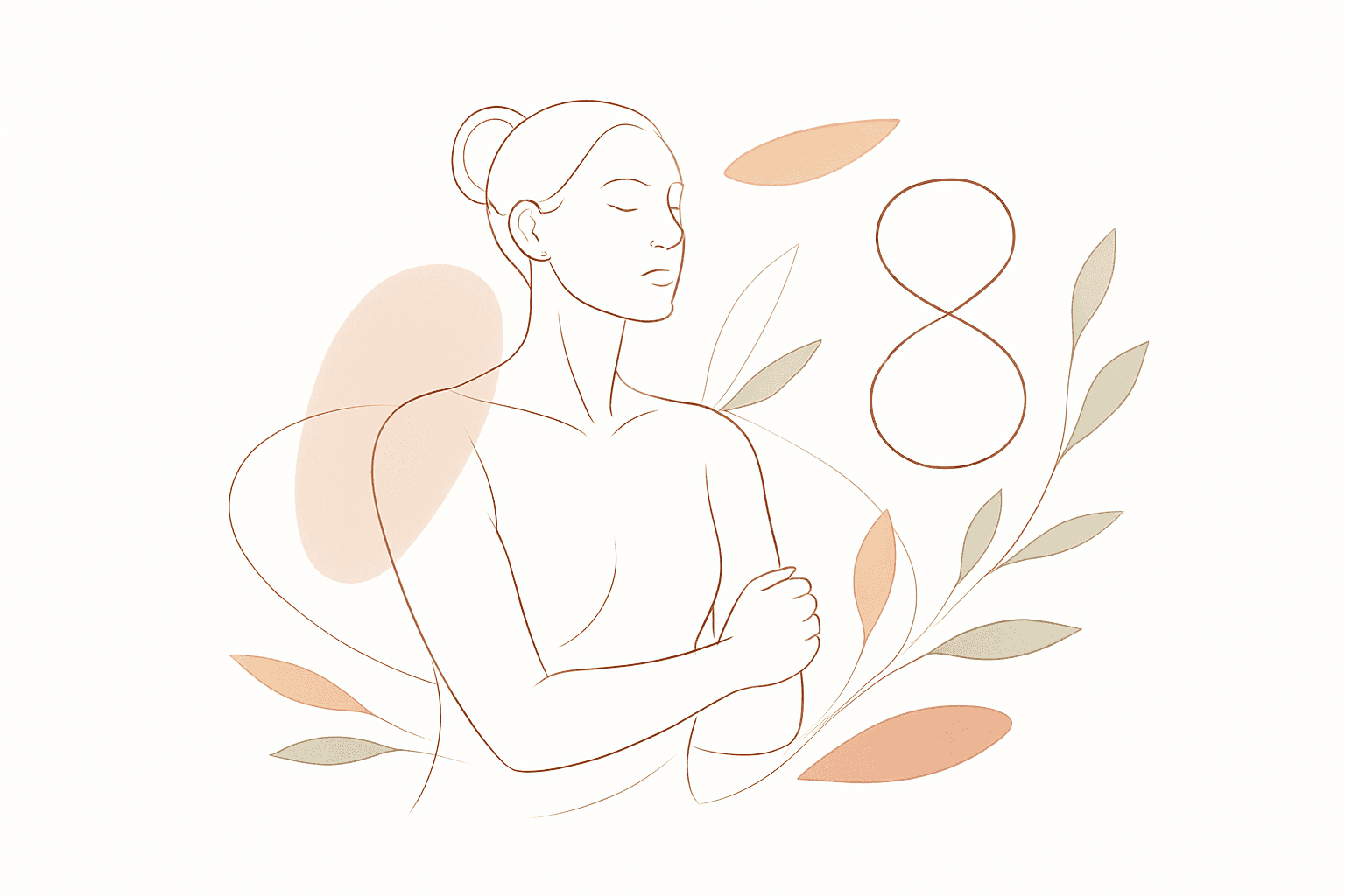 Illustration minimaliste d’une femme les bras croisés devant un chiffre 8 stylisé, entourée de feuilles colorées, symbolisant la force, l’équilibre et la prospérité du nombre 8.