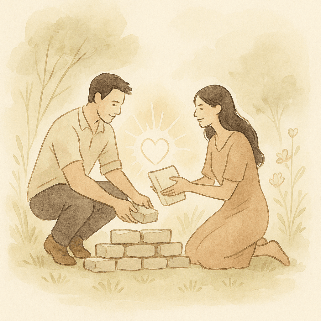 Illustration douce et chaleureuse de deux personnes construisant un petit mur de briques, avec un cœur lumineux en arrière-plan symbolisant l’amour et la stabilité.