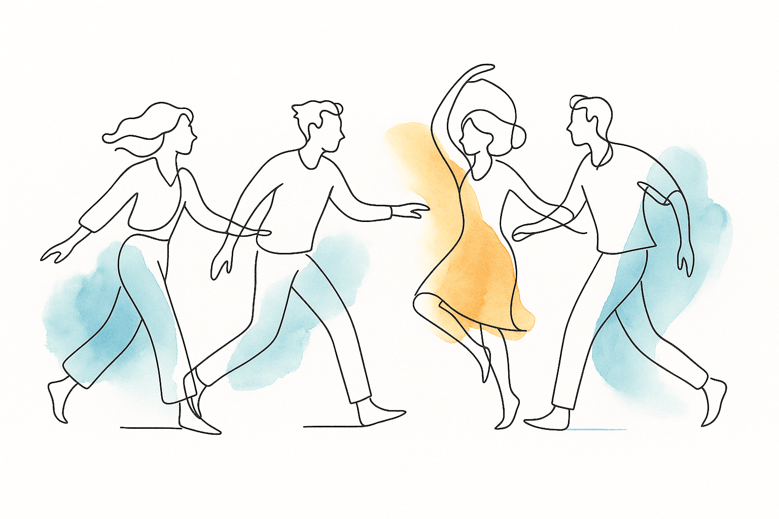Illustration dynamique en aquarelle d’un groupe de quatre personnes dansant et interagissant avec fluidité, incarnant l’énergie du nombre 5 : le mouvement, l’aventure et l’adaptabilité.